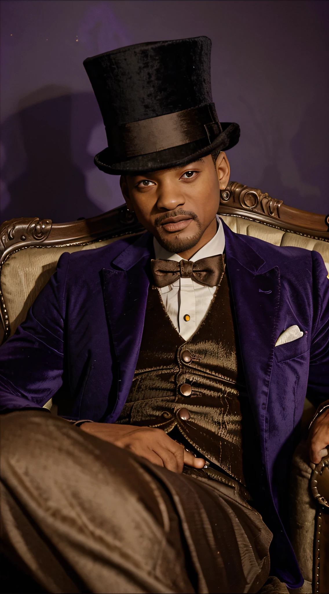 Will Smith dressed as Willy Wonka, wearing a top hat, the fantastic chocolate factory, sitting in a velvet armchair, light and shadow, vibrant colors