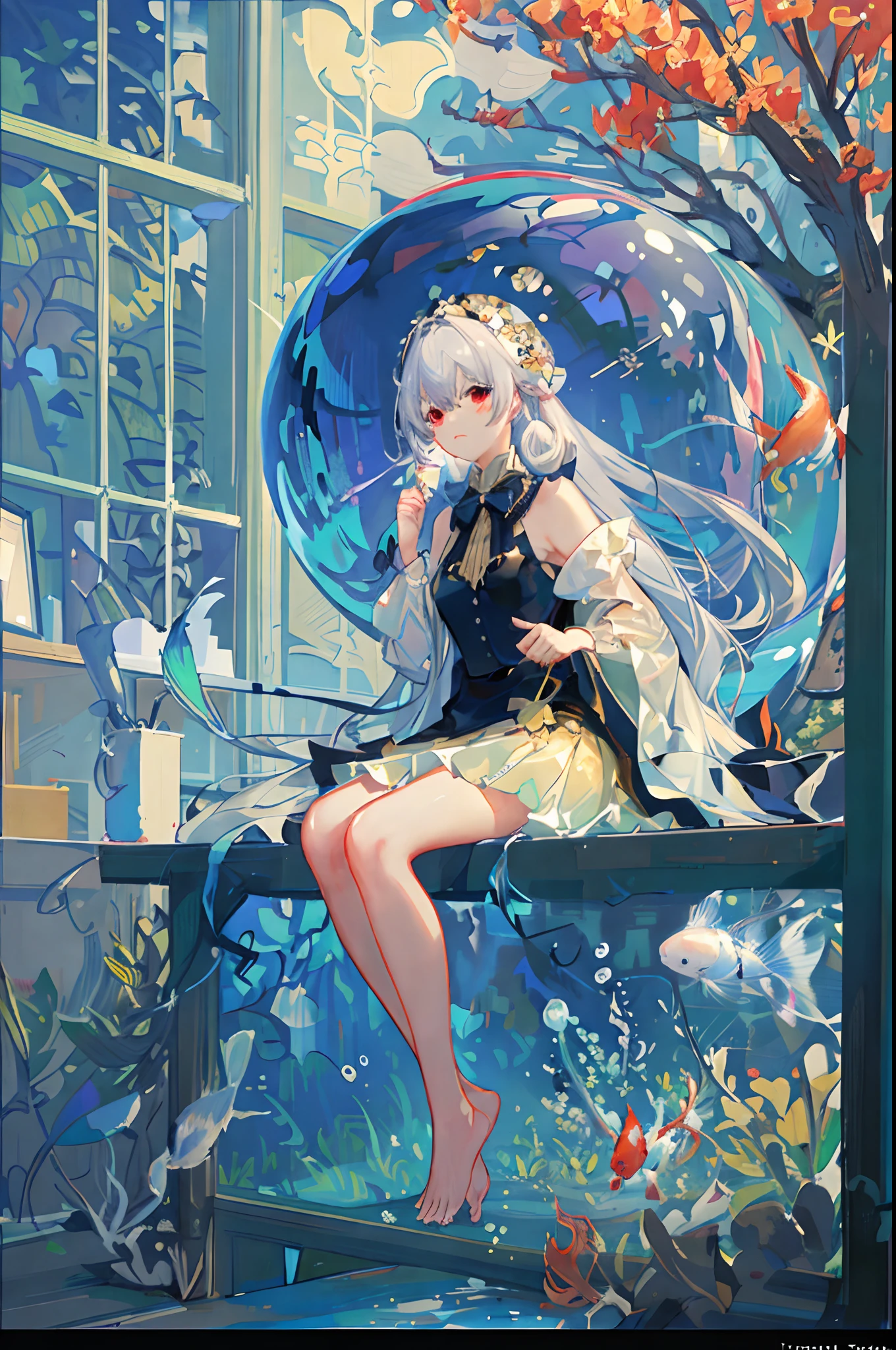 [(Transparent background:1.5)::5],(((Masterpiece))),(((Best quality))),(((Extremely detailed))),illustration, 1girll,Solo,mysterious,vivd colour,Shiny, Underwater transparent sealed hemispherical glass dome, White hair,Red eyes, full bodyesbian,Barefoot,Long hair is calm and natural, Koi,Underwater, Dome,Close up,Dynamic actions,Lens perspective,(((Box composition))),sitting cross-legged，Leaning against the bookshelf,(arm + hand + 1 thumb + 4 fingers),(Impressionism:1.4)