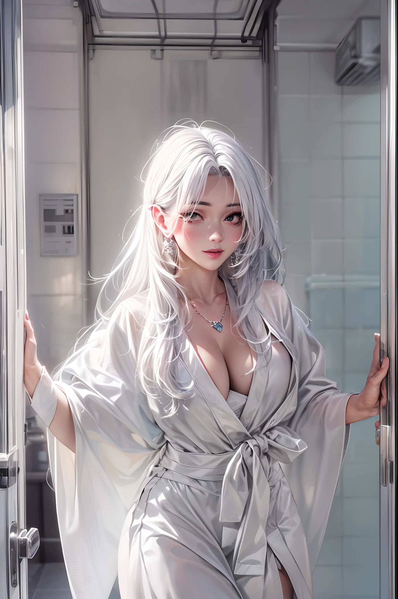 standing inside bathroom, aroused, necklace, earrings, full body, long white hair, white kimono, superb, ultra-high-definition, RAW photo, realism: 1.25), (bright lip gloss, long eyelashes, smooth face , bright skin, natural shadows, wide light, wide light, depth of field, strong colors, subtle caustics: 0.8), smile, (big tits), v6