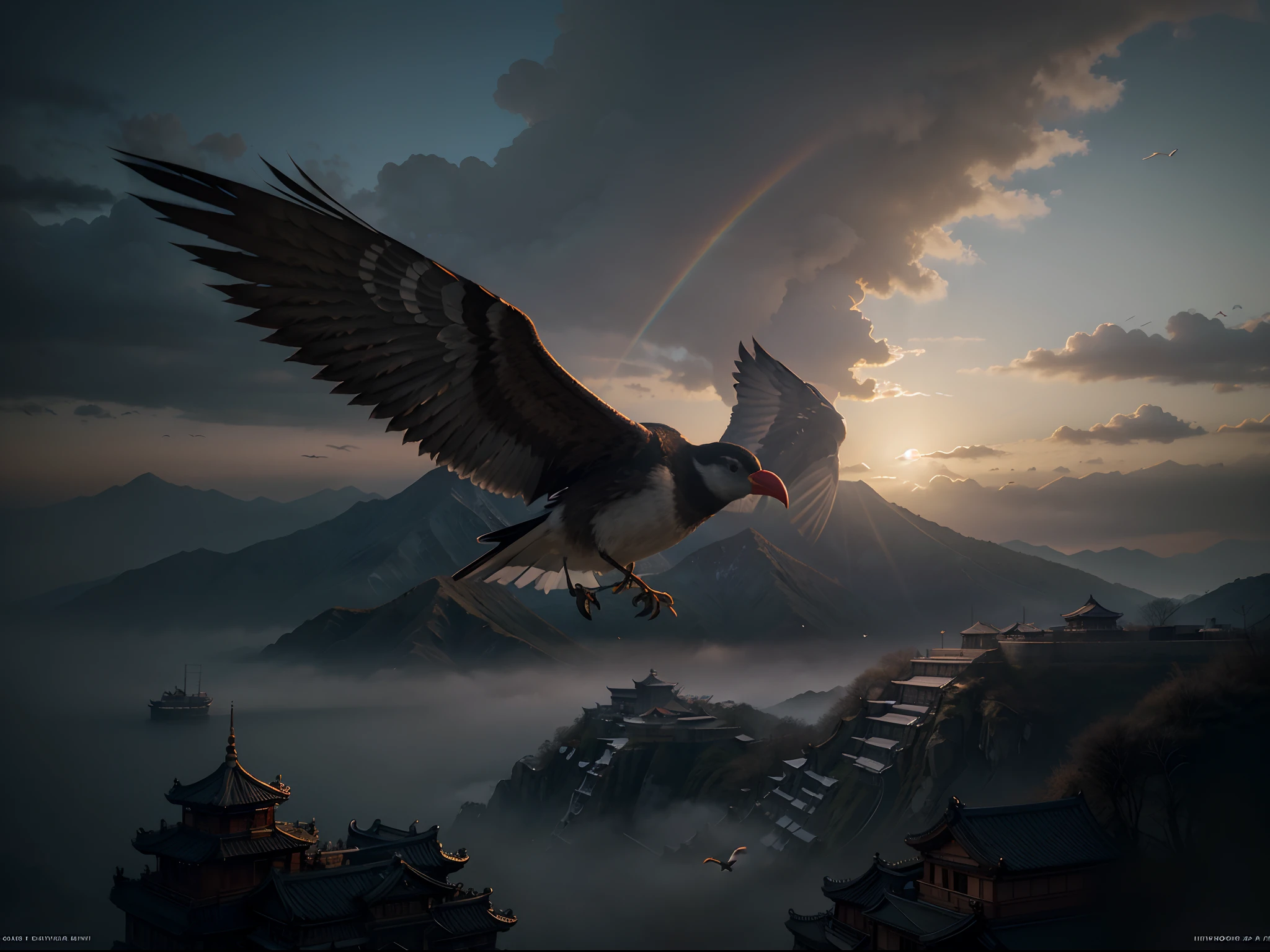 birds in the sky, close shot 35 mm, realism, exploration, cinematic, trending on artstation, hyper detailed, photo - realistic maximum detail, volumetric light, moody cinematic epic concept art, realistic matte painting, hyper photorealistic, movie concept art, cinematic composition, ⛩ china style