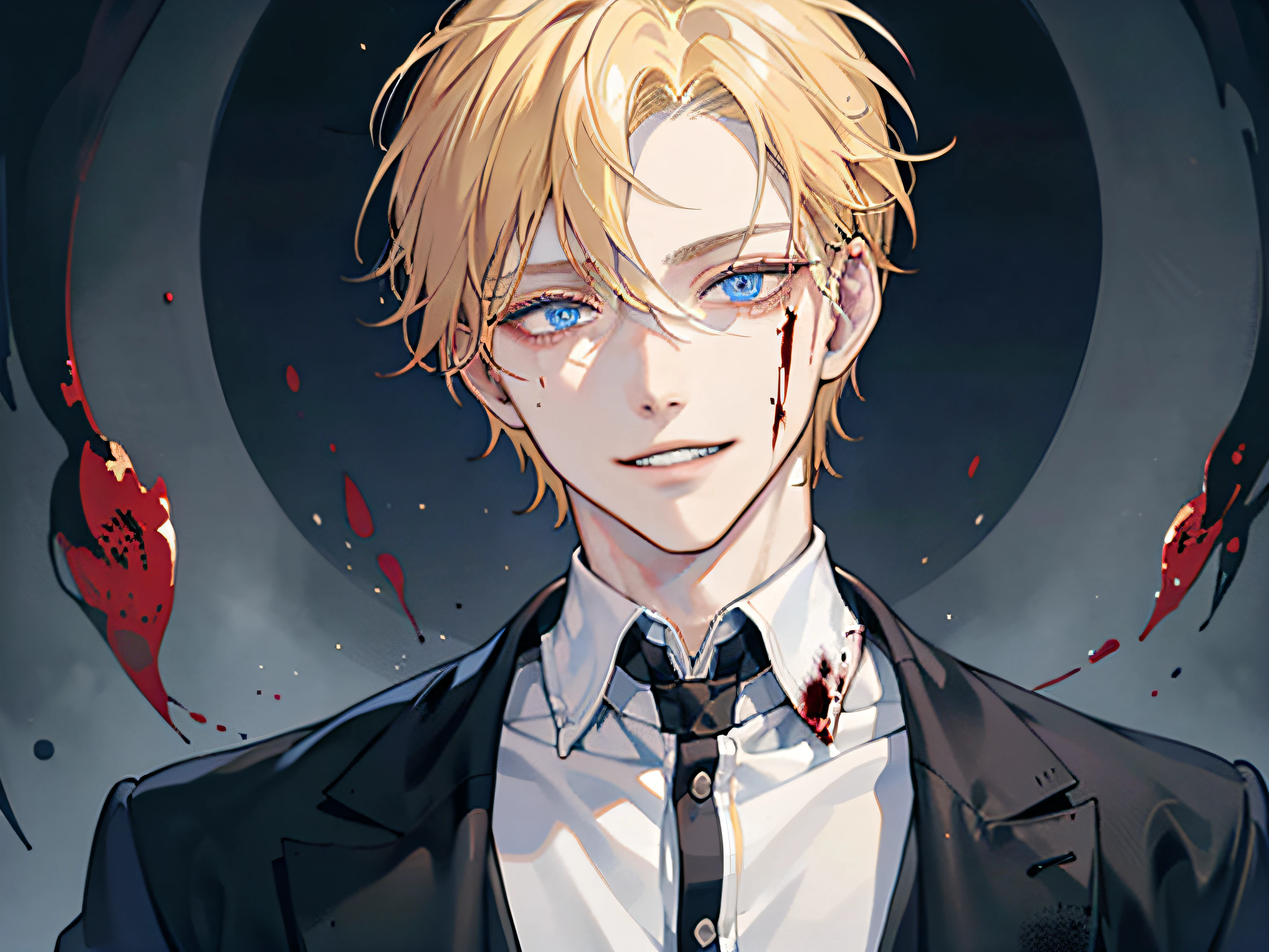 a handsome man,1 boy, Blonde hair, Blue eyes, 20 years old,,Shaded face、Scary smile、Psychopathic smile,creepy expression,mad look,Blood on the face,Dynamic Angle,Background black