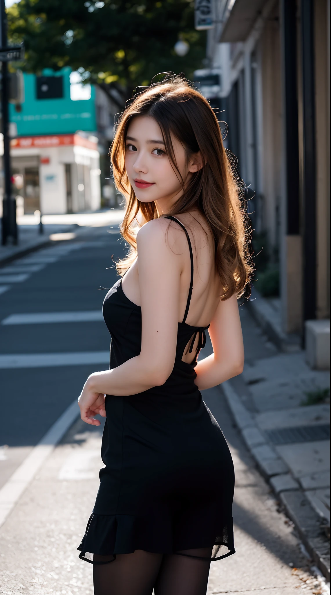 Realistic, RAW photo, Digital SLR, filmgrain, Fujifilm XT3, night shot, 1girll, goddes,Curly hair, Long hair, Silver hair,upper legs, ([:See-through:4]:1.2) Black dress, (Estampados florales:1.2),Black pantyhose,(deserted street), The light from the back window is backlighted ,Bokeh ,Contrast filters,(Smile:0.8),From the side Side,view the viewer,