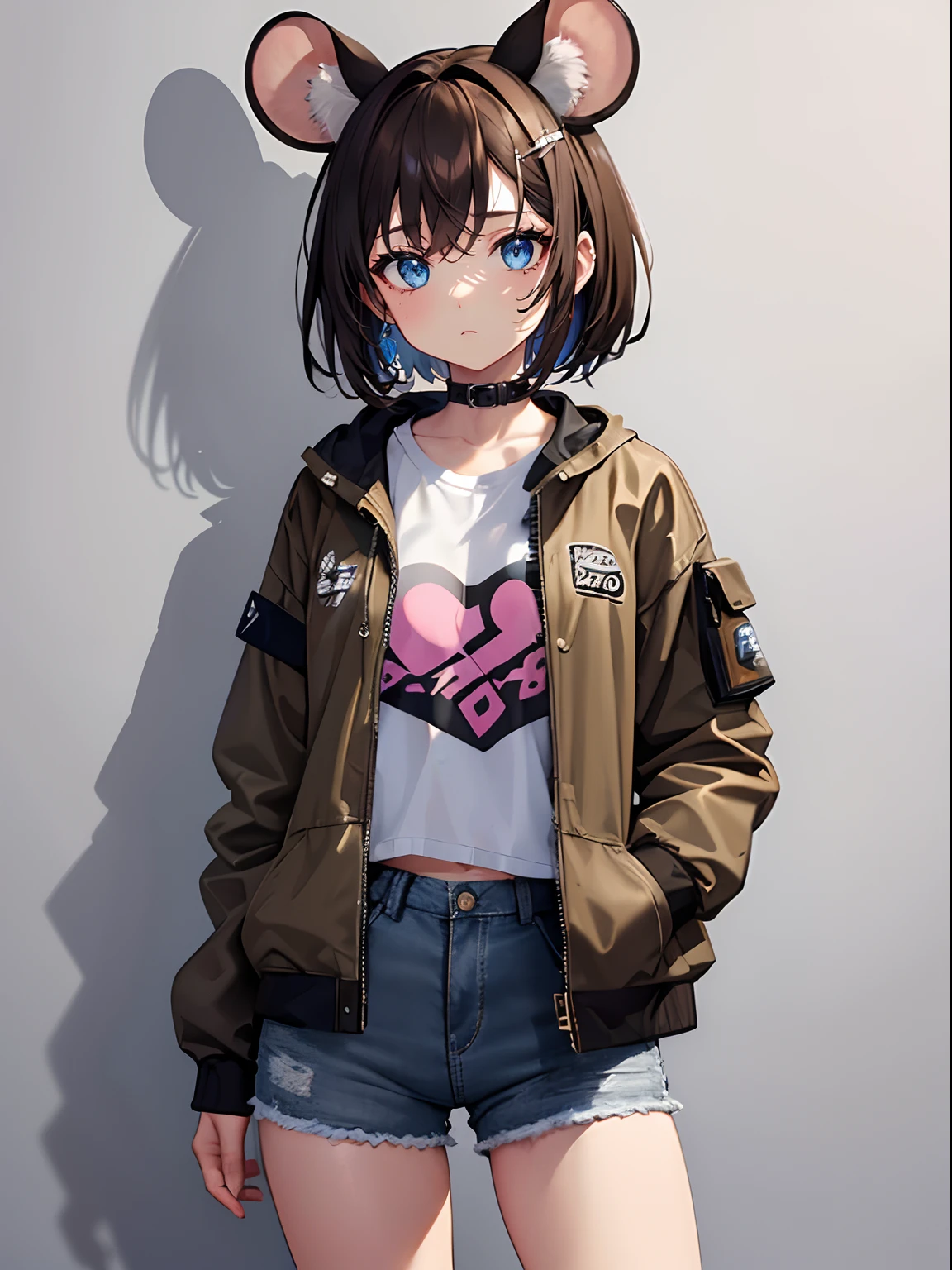 (masterpiece,best quality,ultra-detailed),1girl,brown hair, brown hair with a white line,short hair,mouse ears,((petite)),medium breasts,denim shorts, jacket, rock punk fashion,(grey theme),(pastel colors theme)