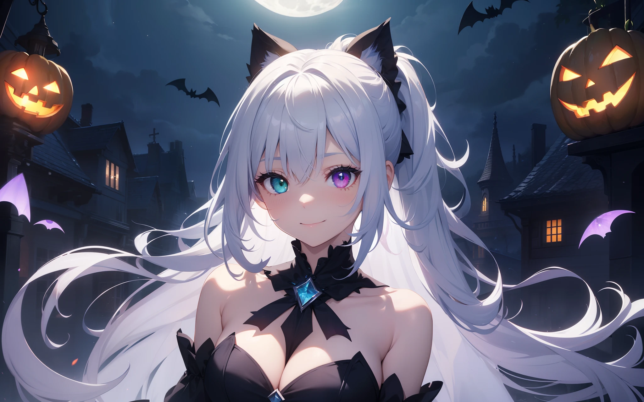 Highest quality、Photorealsitic、The ultra-detailliert、delicate、orderly、High Details、bluish-silver ponytail、(Drooping heterochromia iris:1.4)、Gamine、10yaers old、embarrassed from、a smile、A slender、cowboy shot、blured background、(1 girl in:1.2)、GameCG、dynamic ungle、(Bioluminescent hair、radiant eyes:1.2)、ambient occlusion、ambient lights、ray trace reflection、Glow、glowing aura、Radiant hair、Halloween, jack-o-lanterns, Witch, Night,Large quantities of jack-o'-lanterns, fullmoon、black cat、