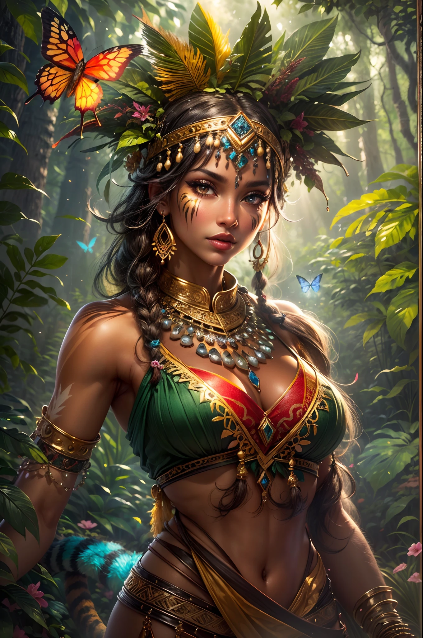 (best quality,highres:1.2),beautiful detailed eyes,beautiful detailed lips,gorgeous face with tribal makeup,turbaned hairstyle,(vibrant-colored,exotic) tribal outfit,adorned with feathers and beads,confident stance,riding on the back of a majestic and powerful tiger with tanned fur and fierce eyes,(magical,glistening) forest with towering trees and lush vegetation,(sunlight peeking through the foliage,illuminating the scene),(butterflies fluttering all around,bathing the scene in vibrant colors),(fireflies dancing in the air,casting a mystical glow),(a myriad of colorful flowers,covering the forest floor),captivating and enchanting atmosphere.