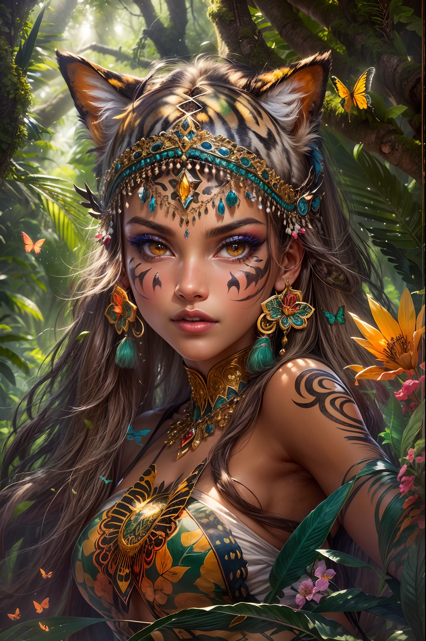 (best quality,highres:1.2),beautiful detailed eyes,beautiful detailed lips,gorgeous face with tribal makeup,turbaned hairstyle,(vibrant-colored,exotic) tribal outfit,adorned with feathers and beads,confident stance,riding on the back of a majestic and powerful tiger with tanned fur and fierce eyes,(magical,glistening) forest with towering trees and lush vegetation,(sunlight peeking through the foliage,illuminating the scene),(butterflies fluttering all around,bathing the scene in vibrant colors),(fireflies dancing in the air,casting a mystical glow),(a myriad of colorful flowers,covering the forest floor),captivating and enchanting atmosphere.