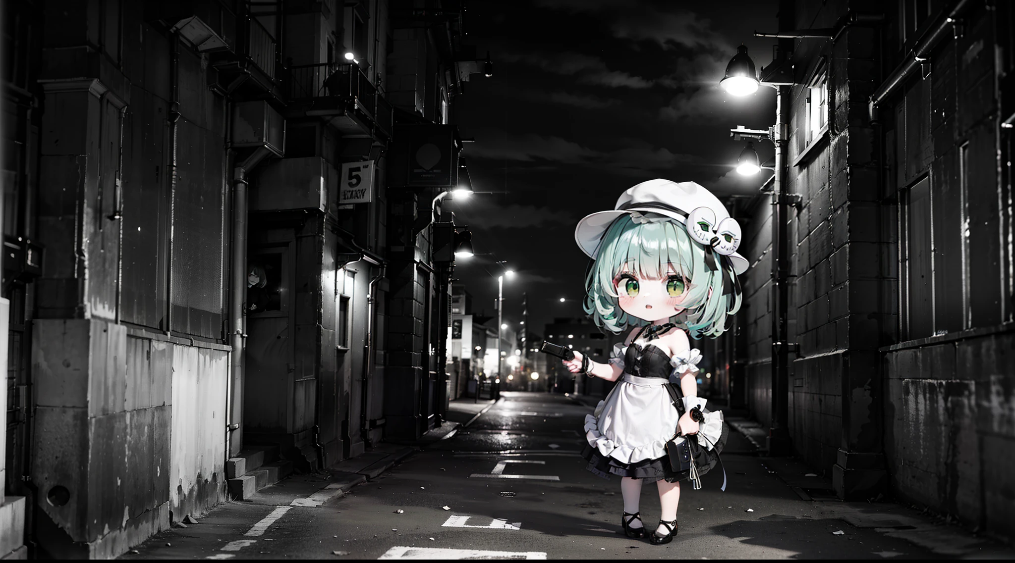 A little chibi girl standing sideways, noir, night street, (chibi):1.3, short white hair, red maid dress, very small tit, (bright green eyes), black and white, 50s movie style, a revolver pistol in the hand, full growth, hat, dark atmosphere, anonymous mask