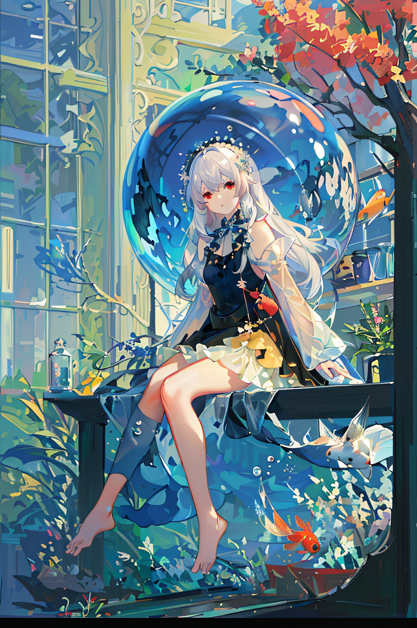 [(Transparent background:1.5)::5],(((Masterpiece))),(((Best quality))),(((Extremely detailed))),illustration, 1girll,Solo,mysterious,vivd colour,Shiny, Underwater transparent sealed hemispherical glass dome, White hair,Red eyes, full bodyesbian,Barefoot,Long hair is calm and natural, Koi,Underwater, Dome,Close up,Dynamic actions,Lens perspective,(((Box composition))),sitting cross-legged，Leaning against the bookshelf,(arm + hand + 1 thumb + 4 fingers),(Impressionism:1.4)