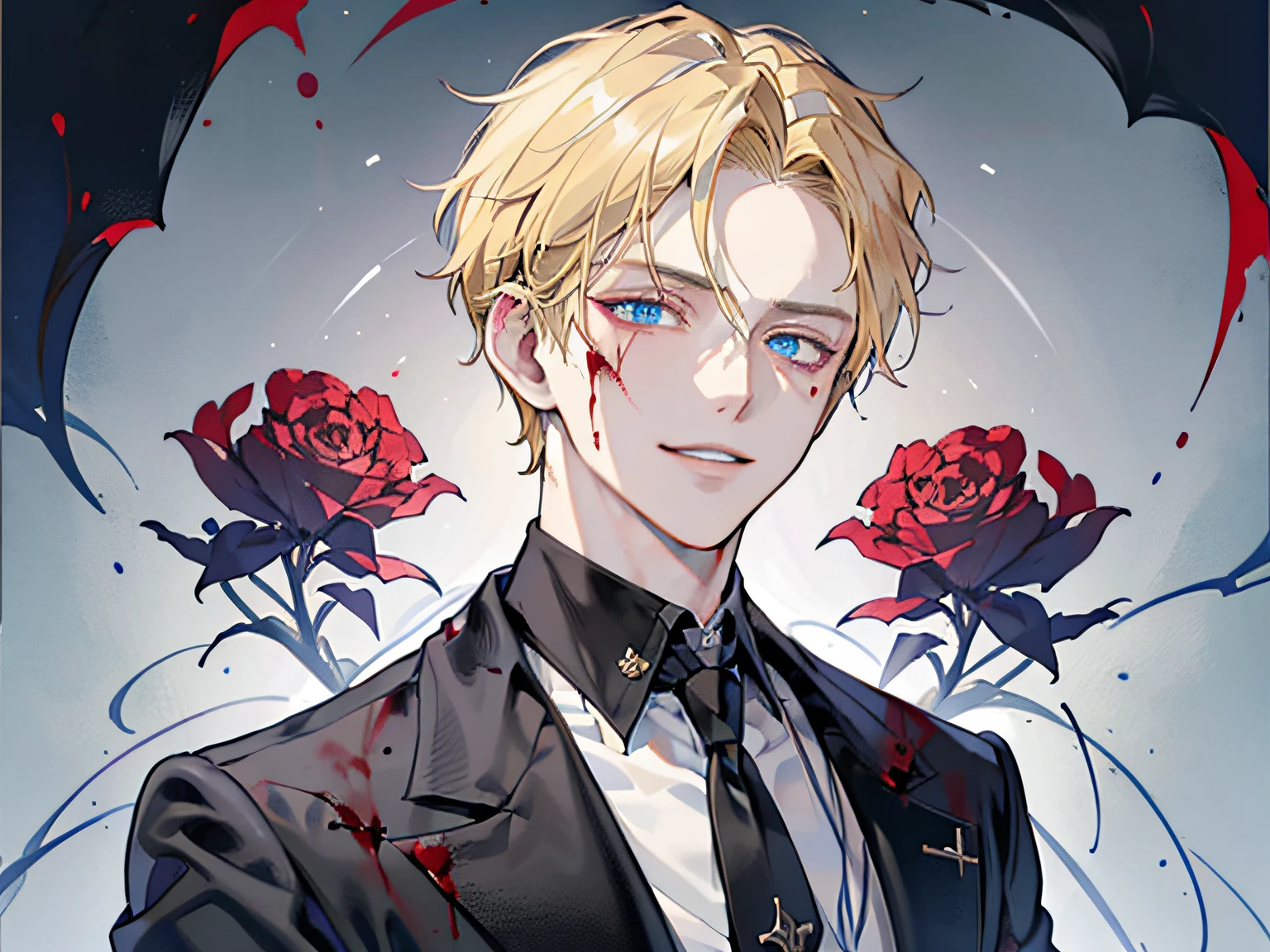 a handsome man,1 boy, Blonde hair, Blue eyes, 20 years old,,Shaded face、Scary smile、Psychopathic smile,creepy expression,mad look,Blood on the face,Dynamic Angle,Background black