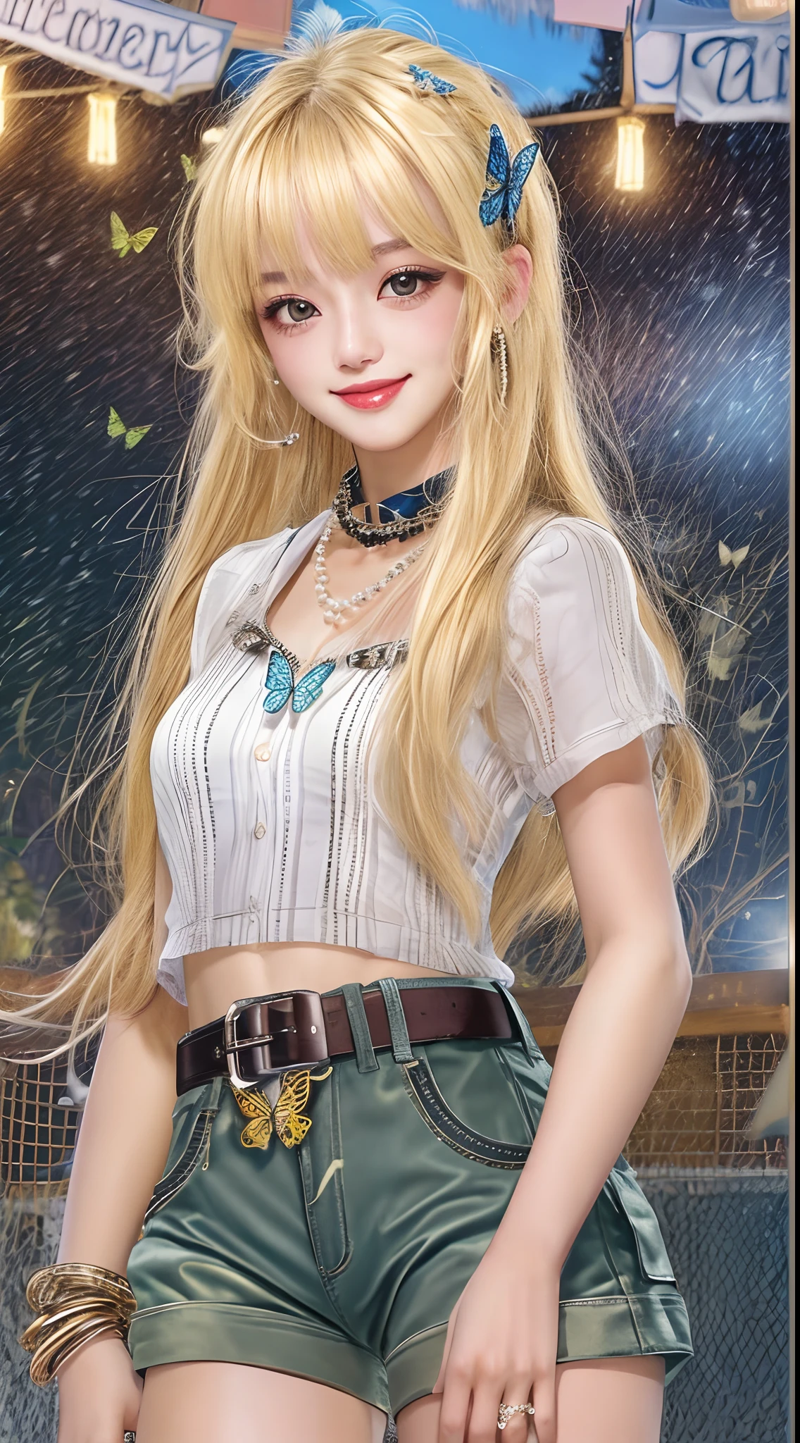 8K, Best Quality, Masterpiece: 1.2) , Super Detail, 1 Girl, party vibe, party atmosphere, lively party atmosphere, beautiful smile, Small Tits, Small Beautiful Detail Eyes , Night, girl wearing butterfly top, wearing Cargo Pants, wearing Logo-buckle Belt, pearl necklace, blonde long hair with bangs