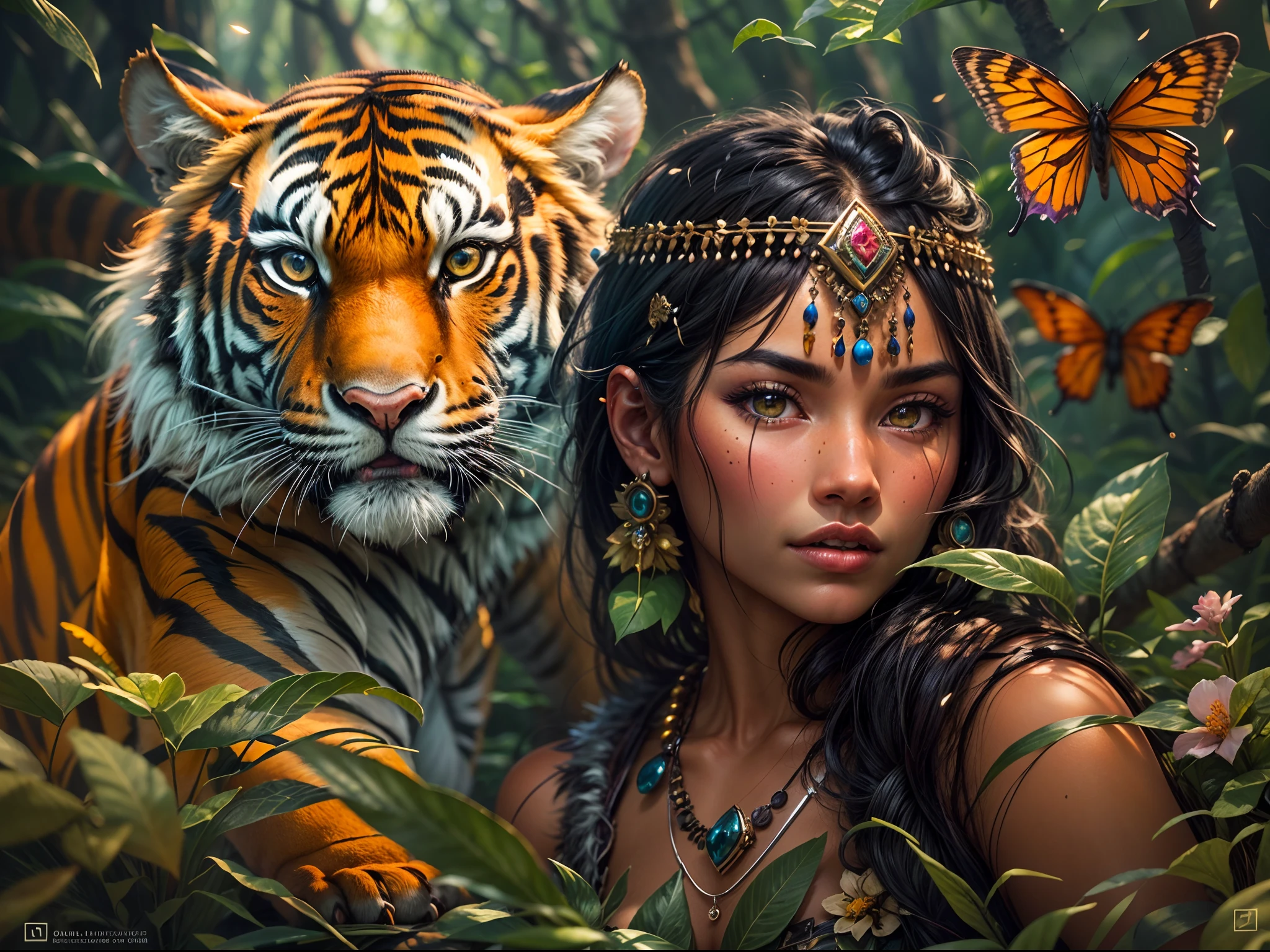 (highres:1.2),realistic,detailed,portrait,2girls,tanned skin,young woman,tribe outfit,fierce,tiger,magical forest,big tiger,butterflies,fireflies,colorful flowers,beautiful tribe girl,rider

For this topic，We can use the following prompt：

"A realistic and detailed portrait of two girls with tanned skin. One young woman is dressed in a beautiful tribe outfit, confidently riding a fierce tiger. The tiger is depicted as extremely powerful and majestic, its presence captivating. The enchanting scene takes place inside a magical forest, where vibrant butterflies flutter around, creating a sense of serenity and wonder. Fireflies illuminate the surroundings with their gentle glow, adding a touch of mystical ambiance. The forest is adorned with an abundance of colorful flowers, creating a vibrant and lively atmosphere. The tribe girl's connection with the tiger exudes strength and harmony, symbolizing their unity and mutual respect. The overall image quality is of the highest caliber, with every detail rendered in ultra-fine precision. The portrait captures the essence of the beautiful tribe girl and the fierce tiger in a photorealistic manner, infusing the artwork with a sense of authenticity. The color palette showcases vivid hues, enhancing the visual impact and evoking a sense of awe. The lighting is expertly crafted, using a combination of natural and artificial sources to highlight the subjects and create a captivating atmosphere. This masterpiece of an artwork portrays the symbiotic relationship between the tribe girl and the tiger, showcasing their bond and the beauty of their partnership."

This prompt covers the characters、trappings、critters、Scenes、the detail、image quality、art-style、Elements such as color tones and lighting，To ensure that the resulting images are of high quality、fidelity、真实感、Artistry and visual impact。At the same time, the details in the theme are fully displayed，Make the resulting image match the theme。