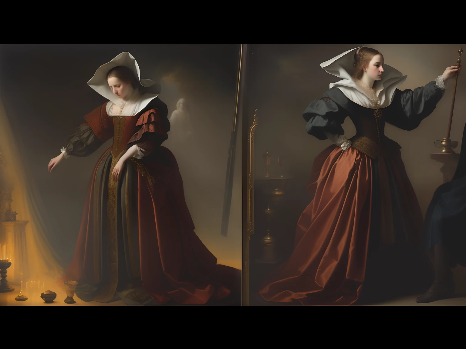 there are two pictures of a woman in a dress and a man in a cloak, renaissance digital painting, baroque digital painting, epic tale of the twin sisters, inspired by Godfried Schalcken, inspired by Pieter Codde, inspired by Nicolaes Maes, inspired by Jan Baptist Weenix, inspired by Willem Cornelisz Duyster