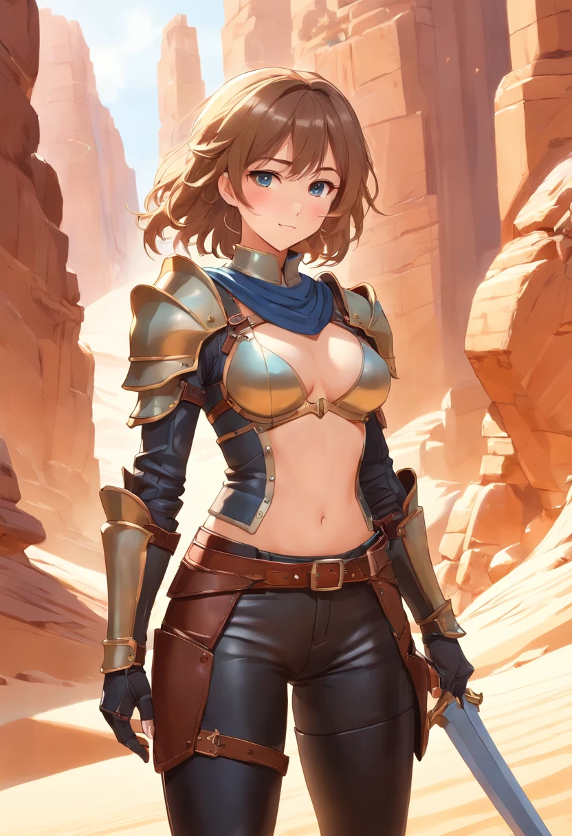 ((close-up)), Woman (knight, Wavy Hair, In a desert place), Looking at Viewer, Wearing (((Leather pants, breastplates, gorget, pauldron, expenses, vambraces, gauntlets, thighs thighs thighs thighs, greaves, Sabaton, Pauline, cups, Prackard, Rib Race, Breast Place, Falls, scabbard, Guard Braces, Shoulder Armor)))