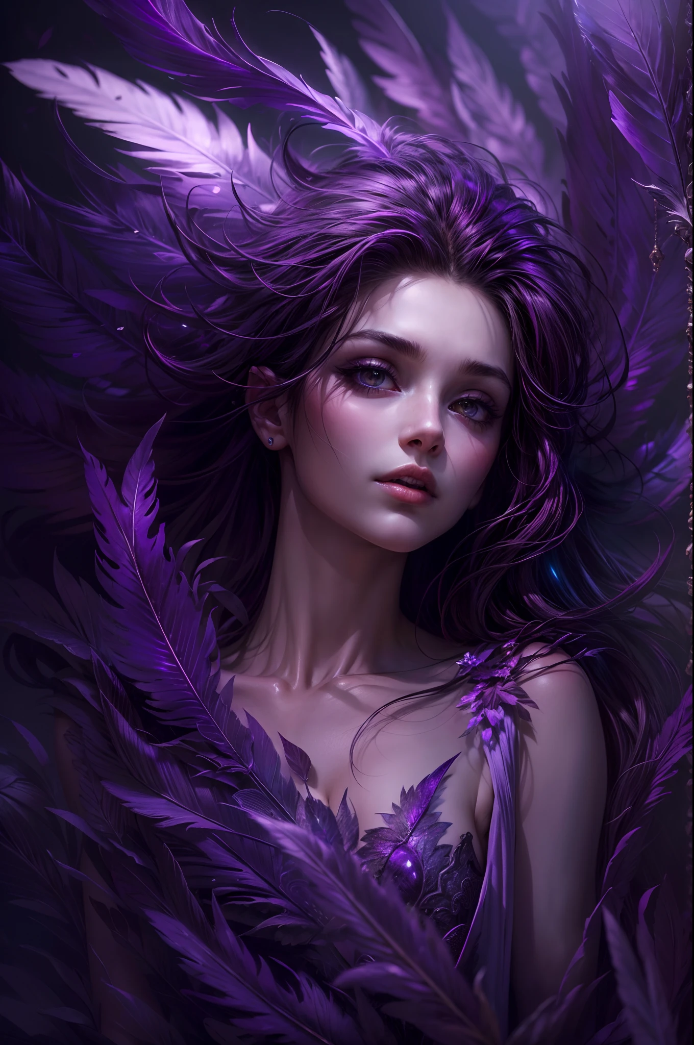 (best quality,highres,realistic),dark and mysterious atmosphere,concept art,portrait,subtle lighting,dramatic pose,twilight color palette,haunting beauty,ethereal beauty,angelic energy,vivid purple highlights,intense gaze,angelic fallen leaves,feathery textures,sublime elegance,alluring presence,graceful movement,alluring seduction,enchanted background,sinister elegance