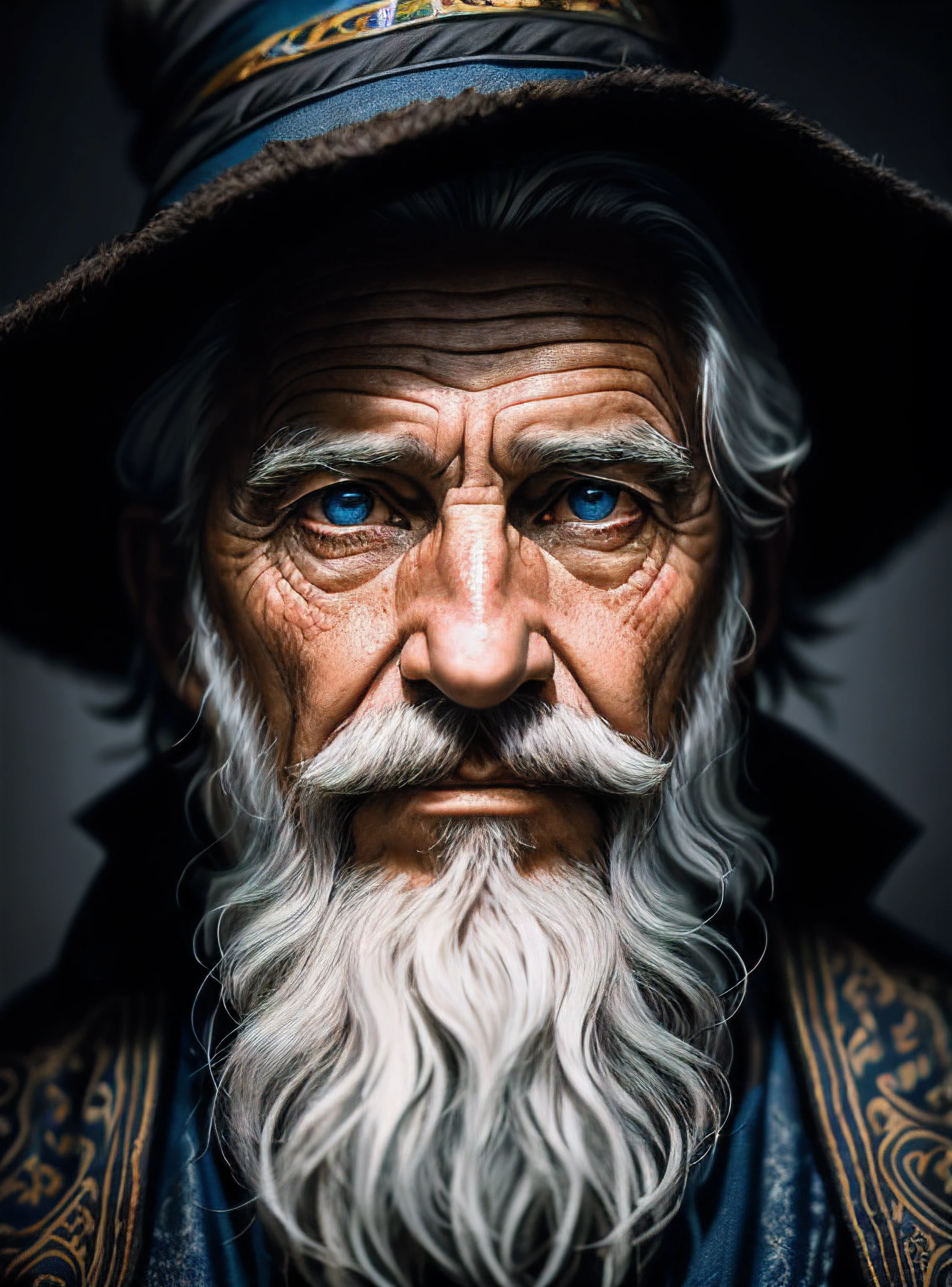 A portrait of a wizard, bearded, wrinkled, weathered, with piercing eyes, detailed face, high details, photography, dark studio, rim light, Nikon D850, 50mm, f/1.4
