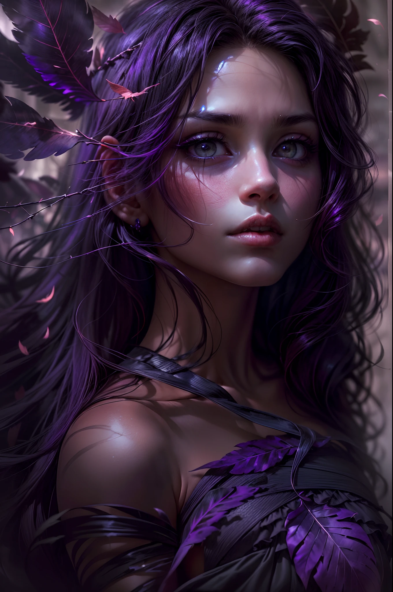 (best quality,highres,realistic),dark and mysterious atmosphere,concept art,portrait,subtle lighting,dramatic pose,twilight color palette,haunting beauty,ethereal beauty,angelic energy,vivid purple highlights,intense gaze,angelic fallen leaves,feathery textures,sublime elegance,alluring presence,graceful movement,alluring seduction,enchanted background,sinister elegance