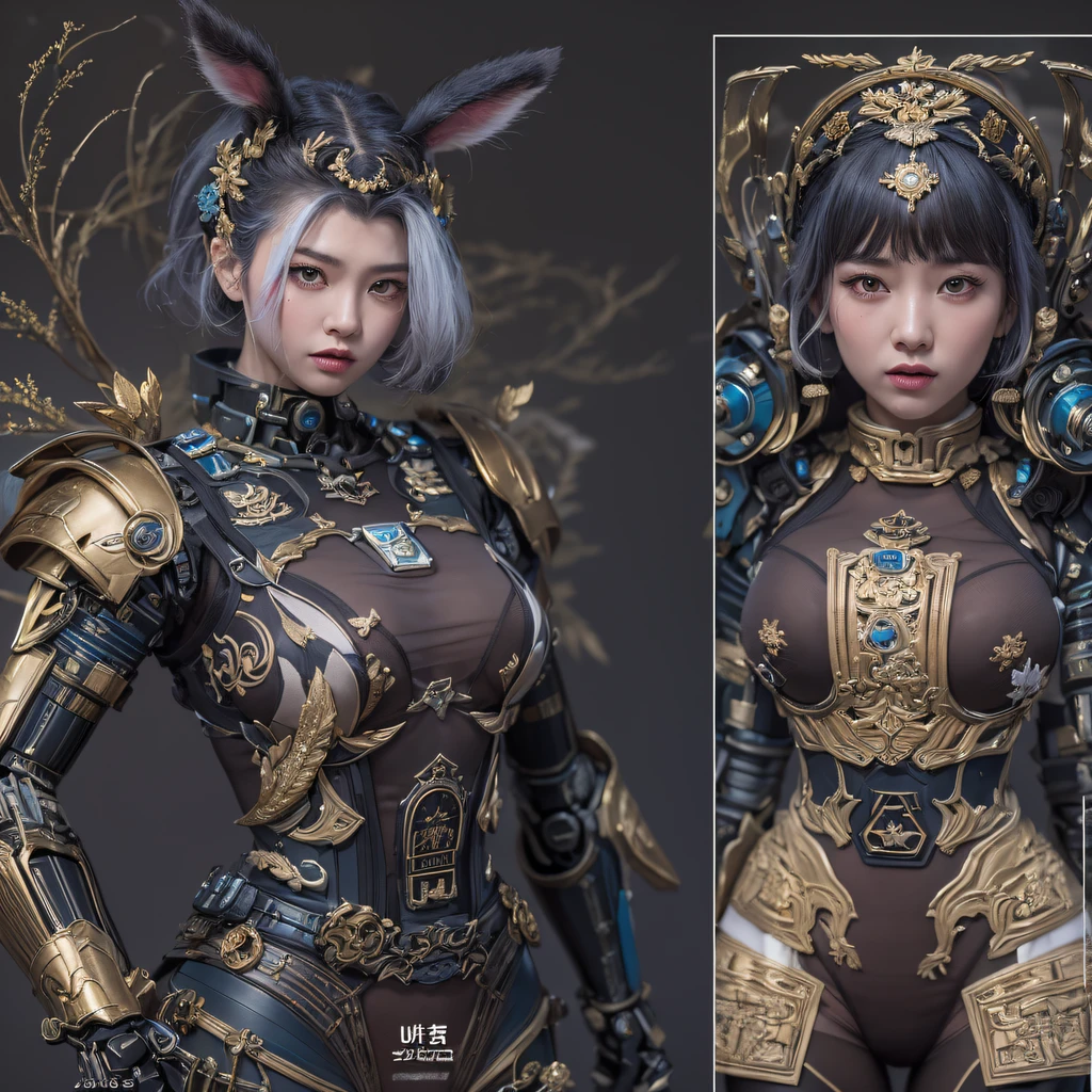 CG ，Light orange full set of thick mechs，Giant，, Realistic secret girl rendering, detailed face of a asian girl, Reality in the secret world, Smooth CG art, Realistic. Cheng Yi, Realistic secret style, A lovely secret rendering, 8K portrait rendering, Render character art 8 K, Kawaii realistic portrait，Golden-black damask white rabbit hair chest protector，Fuchsia pink diamonds, tulle burgundy diamond shin guards((ultra real detailed.mecha-girl)Mink cotton suit mech，Bright blue and white feathers gold wire shoulder pads，Shimoo Fire Tiger Female Taoist，Tailfire，Tattooed with，Genius ratio，Silicone texture，Short bright purple hair，3D modeling，4K,8K,16K smooth (Masterpiece, Top quality, Best quality, offcial art, Beauty and aesthetics: 1.2), Very detailed, Colorful, Most detailed, branches,mecha-girl, （Mards）mecha-girl（canyons）， （Linen Future Mecha Girl）， Angry fighting stance， looking at the ground， Batik linen bandana， Crane pattern long sleeve garment，Mecha Maiden Canyon（Abstract propylene splash：1.2）， Dark clouds lightning background，Sprinkle with golden mech girl powder（realisticlying：1.4），Black color hair，Flour fluttering，rainbow background， A high resolution， the detail， RAW photogr， Sharp Re， Nikon D850 Film Stock Photo by Jefferies Lee 4 Kodak Portra 400 Camera F1.6 shots, Rich colors, ultra-realistic vivid textures, Dramatic lighting, Unreal Engine Art Station Trend, cinestir 800，Flowing black hair,（（（Red and white mech girl）））