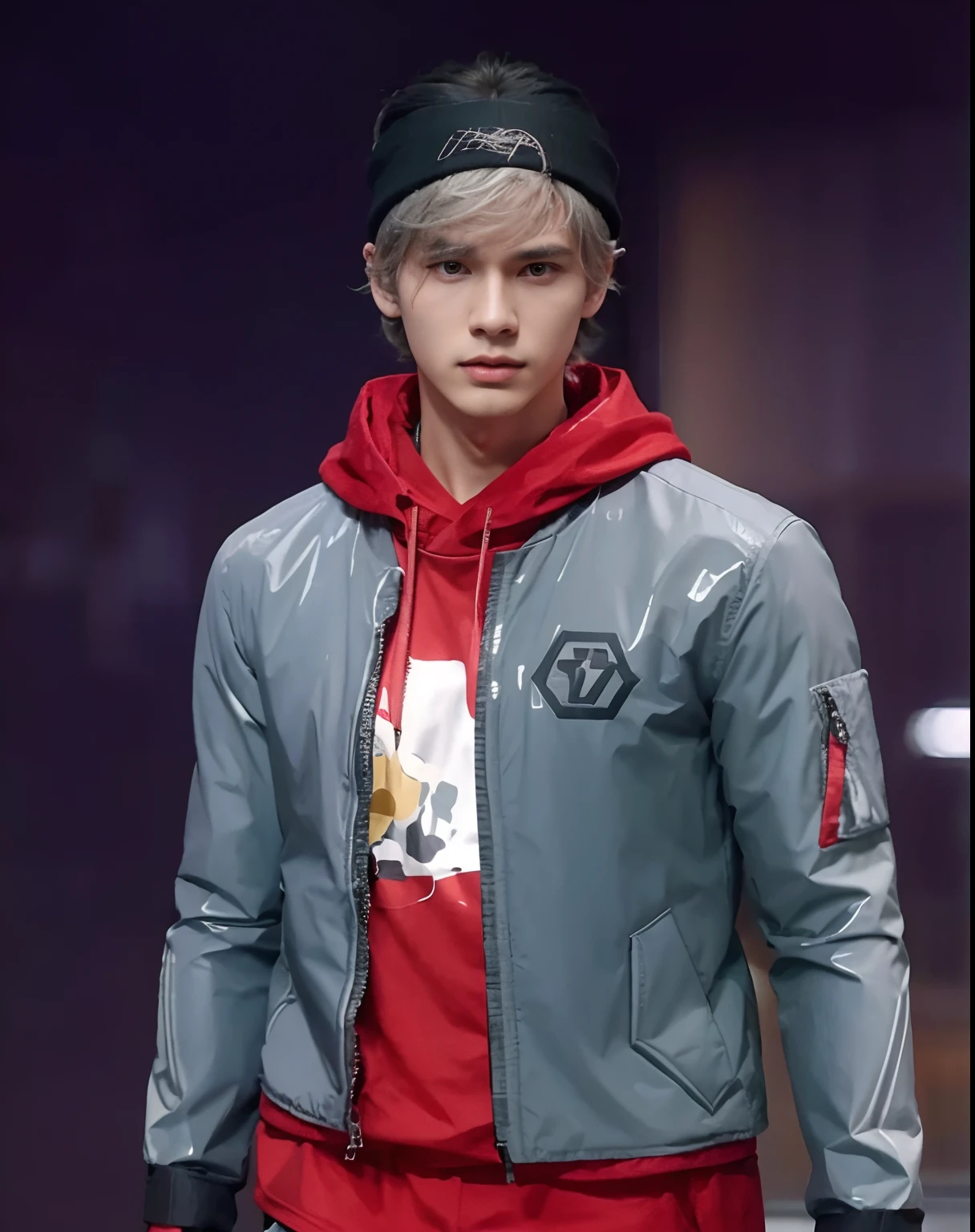high high quality,A man wearing a necklace and coat stands in front of a white background, Cai Xukun, yanjun cheng, wearing a turtleneck and jacket, he is wearing a gray jacket and red shirt, he has short curly gray hair, inspired by jeonseok lee, he has an elongated head shape, xqc, with same hairstyle, Solid Backgroud