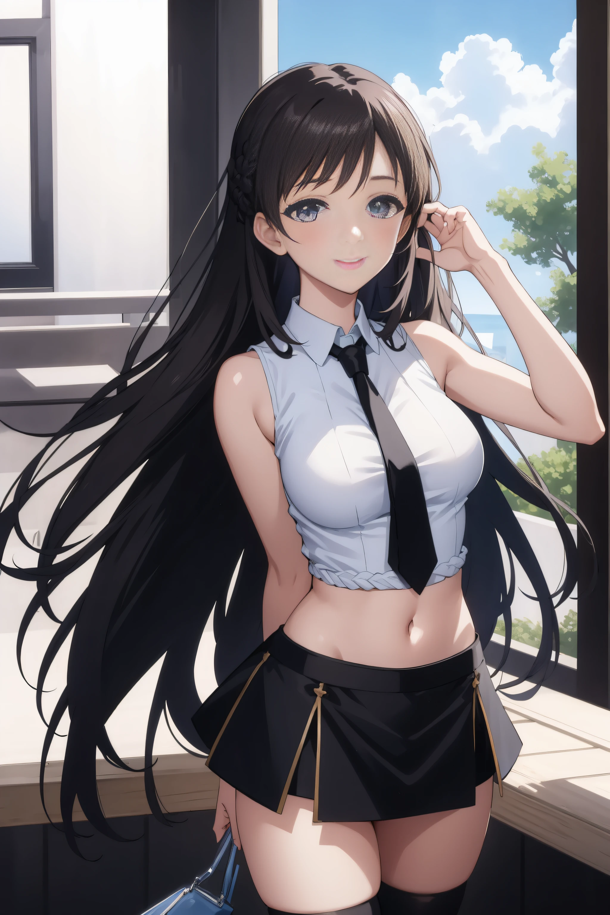 (day:1.7), sky background,a blue sky and clouds,
standing at attention,
wearing bare shoulders, black necktie, black thighhighs, braid, miniskirt, navel, necktie, shirt, sleeveless,
aanitta, long hair, hair ornament,
1 girl, 20yo,mature female,Beautiful Finger,Beautiful long legs,Beautiful body,Beautiful Nose,Beautiful character design, perfect eyes, perfect face,
looking at viewer,smile,
NSFW,official art,extremely detailed CG unity 8k wallpaper, perfect lighting,Colorful, Bright_Front_face_Lighting,
(masterpiece:1.0),(best_quality:1.0), ultra high res,4K,ultra-detailed,
photography, 8K, HDR, highres, absurdres:1.2, Kodak portra 400, film grain, blurry background, bokeh:1.2, lens flare, (vibrant_color:1.2)
(Beautiful,medium_Breasts:1.4), (beautiful_face:1.5),(narrow_waist),(perfect hands, perfect anatomy),