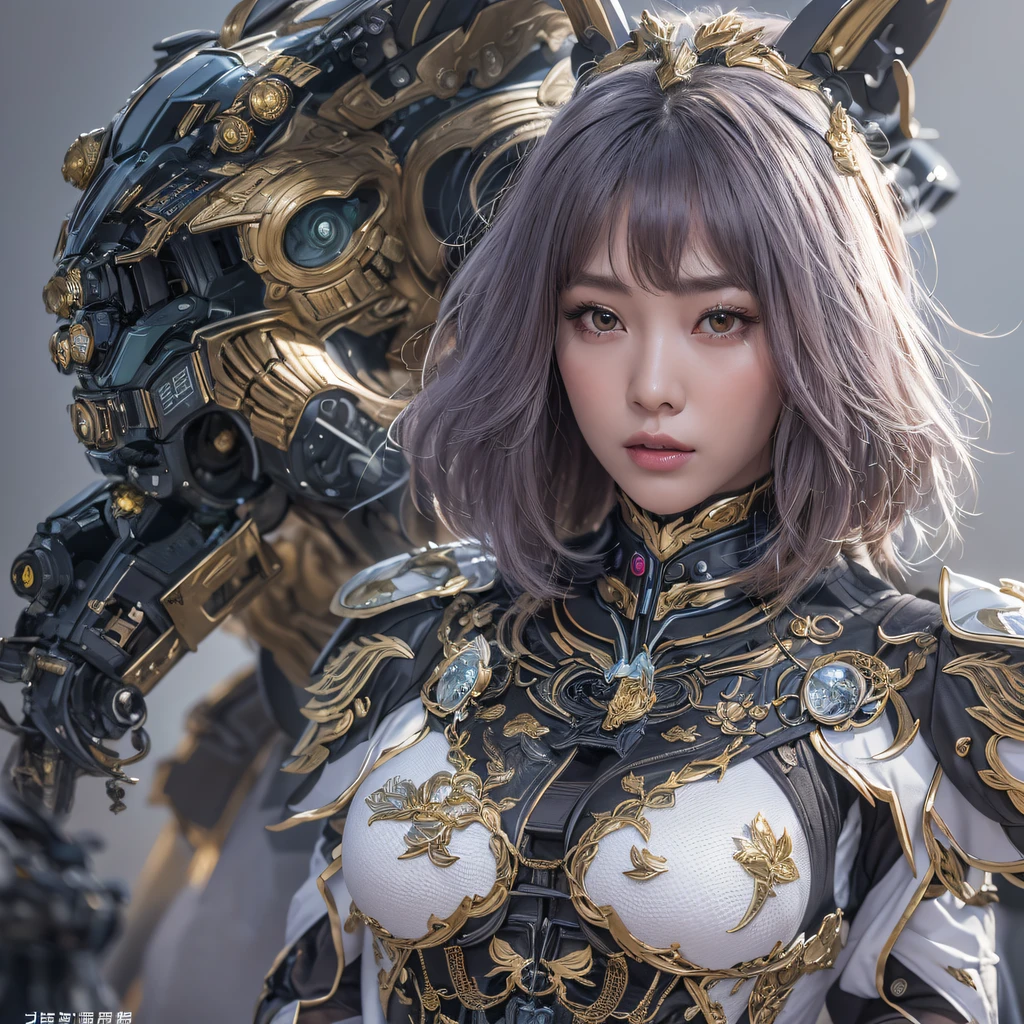 CG ，Light orange full set of thick mechs，Giant，, Realistic secret girl rendering, detailed face of a asian girl, Reality in the secret world, Smooth CG art, Realistic. Cheng Yi, Realistic secret style, A lovely secret rendering, 8K portrait rendering, Render character art 8 K, Kawaii realistic portrait，Golden-black damask white rabbit hair chest protector，Fuchsia pink diamonds, tulle burgundy diamond shin guards((ultra real detailed.mecha-girl)Mink cotton suit mech，Bright blue and white feathers gold wire shoulder pads，Shimoo Fire Tiger Female Taoist，Tailfire，Tattooed with，Genius ratio，Silicone texture，Short bright purple hair，3D modeling，4K,8K,16K smooth (Masterpiece, Top quality, Best quality, offcial art, Beauty and aesthetics: 1.2), Very detailed, Colorful, Most detailed, branches,mecha-girl, （Mards）mecha-girl（canyons）， （Linen Future Mecha Girl）， Angry fighting stance， looking at the ground， Batik linen bandana， Crane pattern long sleeve garment，Mecha Maiden Canyon（Abstract propylene splash：1.2）， Dark clouds lightning background，Sprinkle with golden mech girl powder（realisticlying：1.4），Black color hair，Flour fluttering，rainbow background， A high resolution， the detail， RAW photogr， Sharp Re， Nikon D850 Film Stock Photo by Jefferies Lee 4 Kodak Portra 400 Camera F1.6 shots, Rich colors, ultra-realistic vivid textures, Dramatic lighting, Unreal Engine Art Station Trend, cinestir 800，Flowing black hair,（（（Red and white mech girl）））