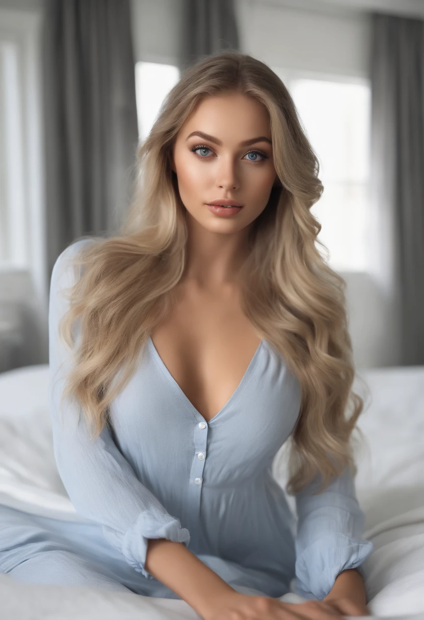 arafed woman fully , sexy girl with blue eyes, ultra realistic, meticulously detailed, portrait sophie mudd, blonde hair and large eyes, selfie of a young woman, bedroom eyes, violet myers, without makeup, natural makeup, looking directly at the camera, face with artgram, subtle makeup, stunning full body shot kneeling on bed, in bedroom, medium to large size bust; ; ;naked