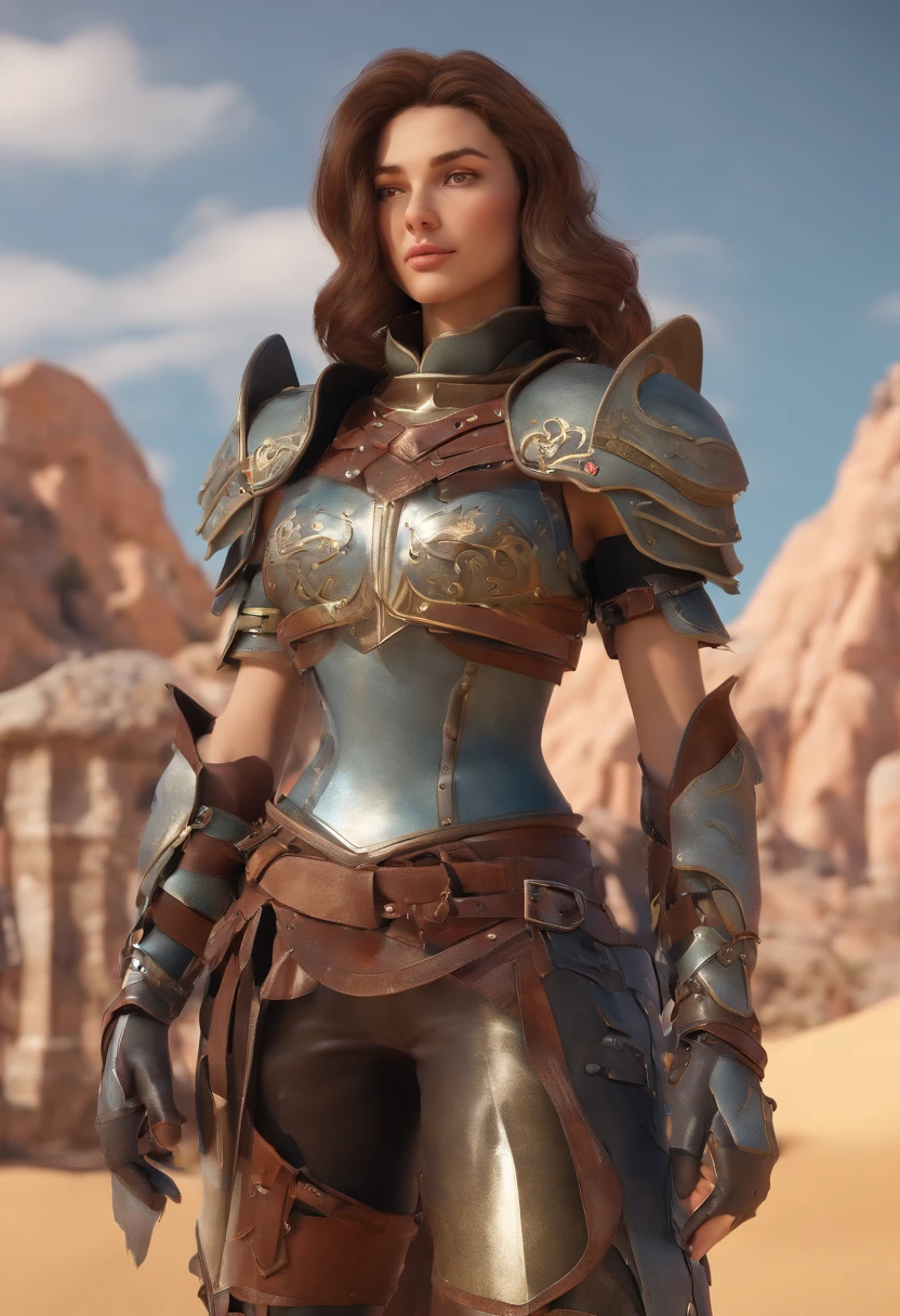 ((close-up)), Woman (knight, Wavy Hair, In a desert place), Looking at Viewer, Wearing (((Leather pants, breastplates, gorget, pauldron, cost, vambraces, gauntlets, thighs thighs thighs thighs, greaves, Sabaton, Pauline, cups, placard, Rib Race, Udder location, falls, scabbard, Guard Braces, Shoulder Armor)))