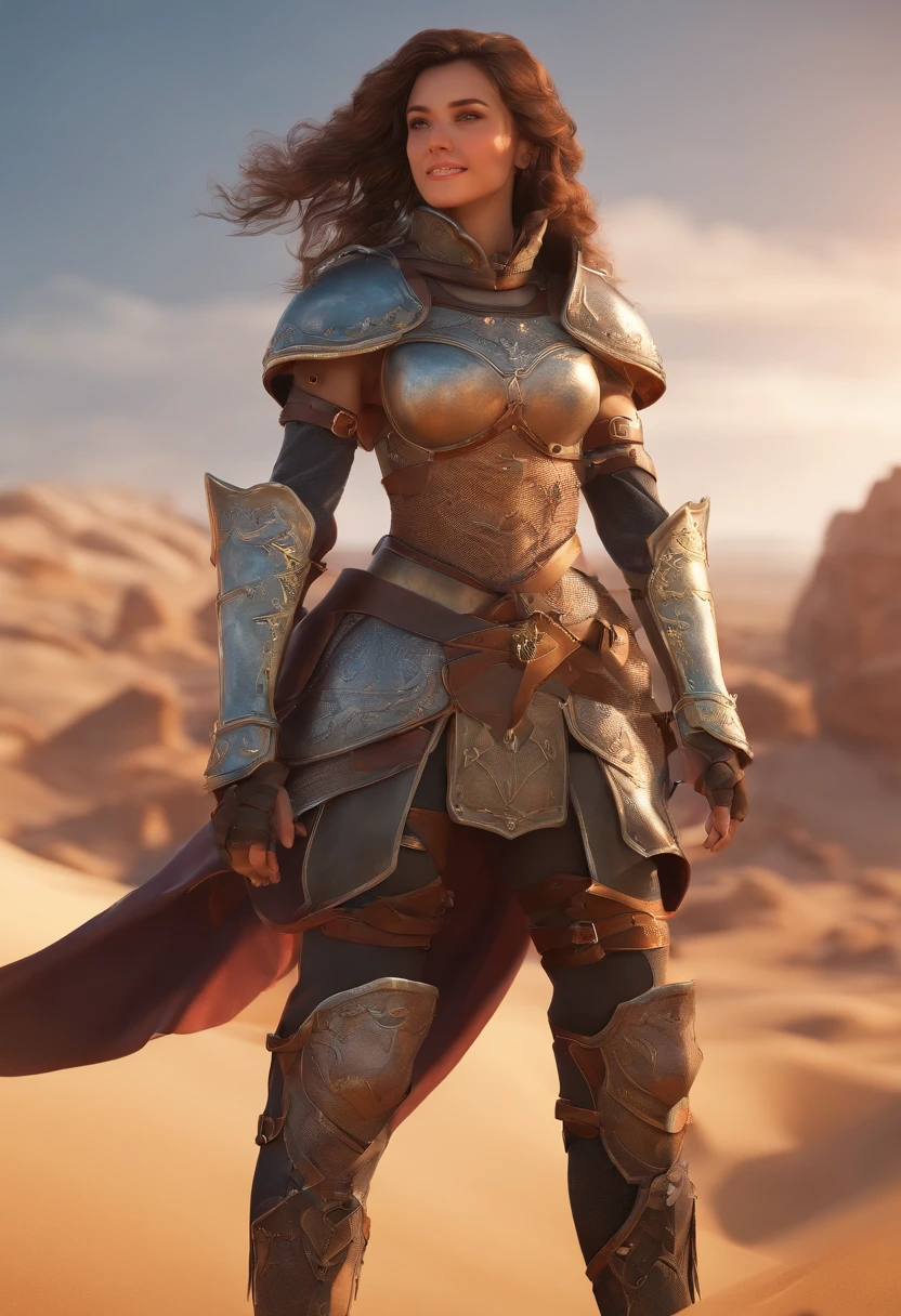 ((close-up)), Woman (knight, Wavy Hair, In a desert place), Looking at Viewer, Wearing (((Leather pants, breastplates, gorget, pauldron, cost, vambraces, gauntlets, thighs thighs thighs thighs, greaves, Sabaton, Pauline, cups, placard, Rib Race, Udder location, falls, scabbard, Guard Braces, Shoulder Armor)))