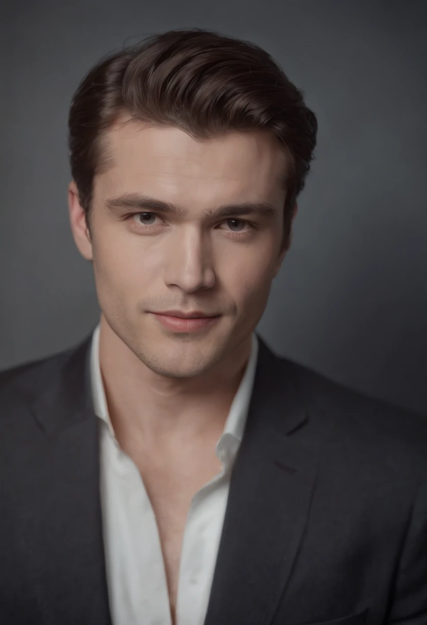 masterpiece, best quality, (1male:1.1), (solo:1.3), looking at viewer, photograph, formal wear, (no words:1.6), upper body, studio lighting, simple background, middle full shot