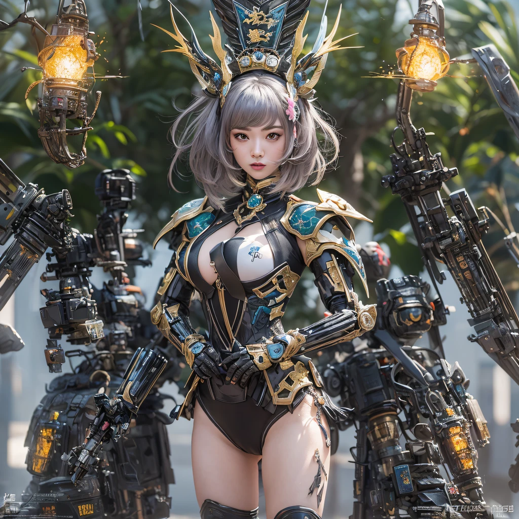 CG ，Light orange full set of thick mechs，Giant，, Realistic secret girl rendering, detailed face of a asian girl, Reality in the secret world, Smooth CG art, Realistic. Cheng Yi, Realistic secret style, A lovely secret rendering, 8K portrait rendering, Render character art 8 K, Kawaii realistic portrait，Golden-black damask white rabbit hair chest protector，Fuchsia pink diamonds, tulle burgundy diamond shin guards((ultra real detailed.mecha-girl)Mink cotton suit mech，Bright blue and white feathers gold wire shoulder pads，Shimoo Fire Tiger Female Taoist，Tailfire，Tattooed with，Genius ratio，Silicone texture，Short bright purple hair，3D modeling，4K,8K,16K smooth (Masterpiece, Top quality, Best quality, offcial art, Beauty and aesthetics: 1.2), Very detailed, Colorful, Most detailed, branches,mecha-girl, （Mards）mecha-girl（canyons）， （Linen Future Mecha Girl）， Angry fighting stance， looking at the ground， Batik linen bandana， Crane pattern long sleeve garment，Mecha Maiden Canyon（Abstract propylene splash：1.2）， Dark clouds lightning background，Sprinkle with golden mech girl powder（realisticlying：1.4），Black color hair，Flour fluttering，rainbow background， A high resolution， the detail， RAW photogr， Sharp Re， Nikon D850 Film Stock Photo by Jefferies Lee 4 Kodak Portra 400 Camera F1.6 shots, Rich colors, ultra-realistic vivid textures, Dramatic lighting, Unreal Engine Art Station Trend, cinestir 800，Flowing black hair,（（（Red and white mech girl）））