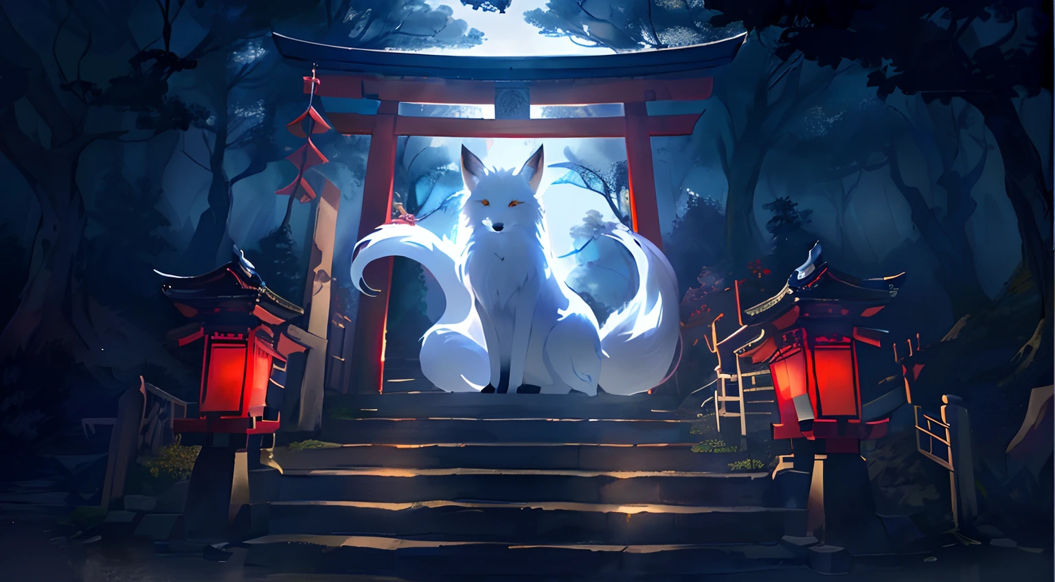 Drawing a white fox、A fox with a majestic appearance and mysterious atmosphere, The fox looking down on us in a solemn atmosphere、Create an illustration of a fantastic shrine gate shrouded in mist. Door, A mysterious white fox stares at us, Add an enchanting aura to your scene. The foggy atmosphere enhances the sense of mystery, Make your illustrations truly magical otherworldly. Light and shadow interaction, With the curious look of a fox, Adds depth to the composition, Transporting viewers to a world of wonder and fantasy.