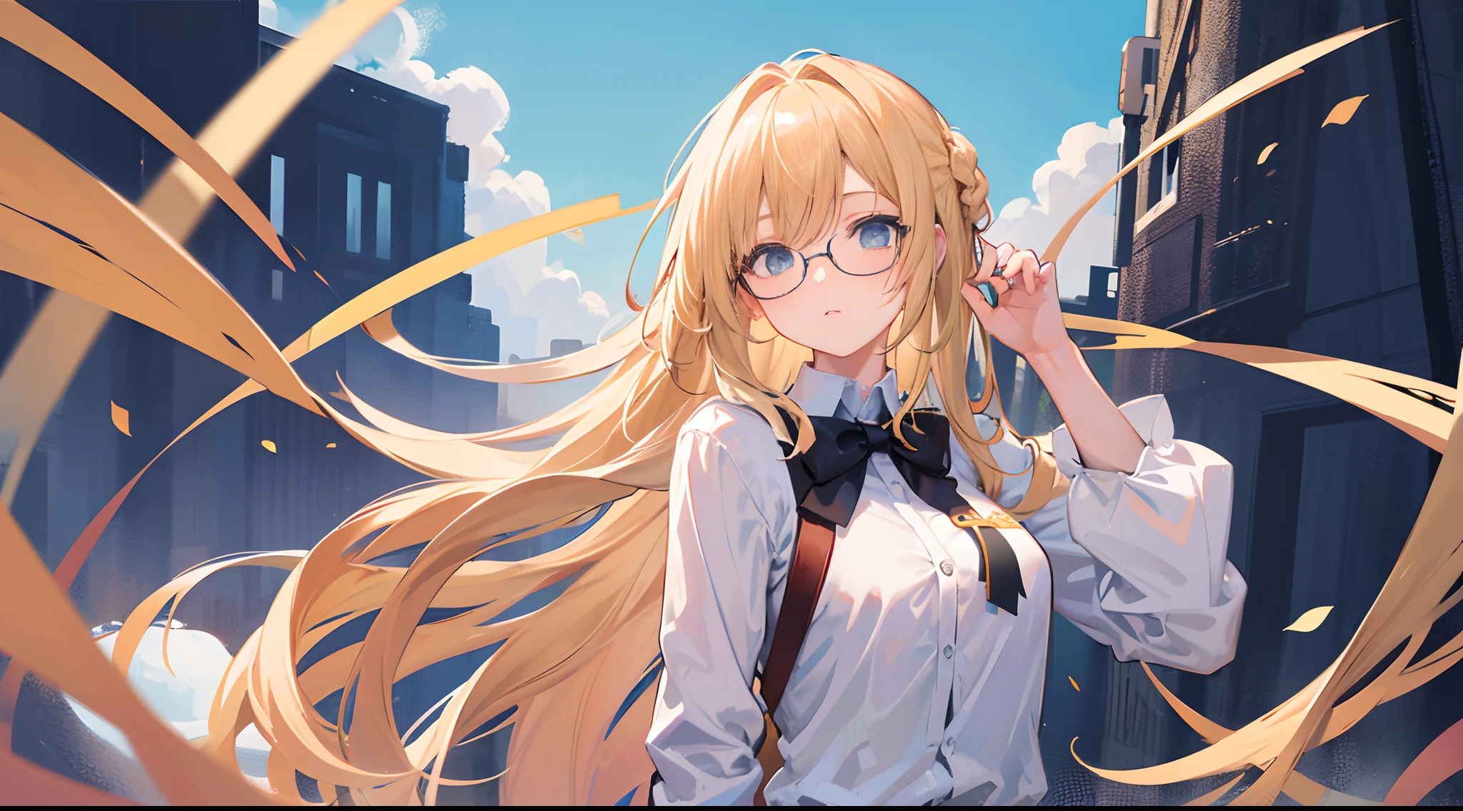4K 18-year-old blonde girl, Blue sky eyes, I braid left and right......  ,Two black bow ties......  Wear a shirt that shows off your shoulders....  .. Wear glasses. . With a sleeping face...