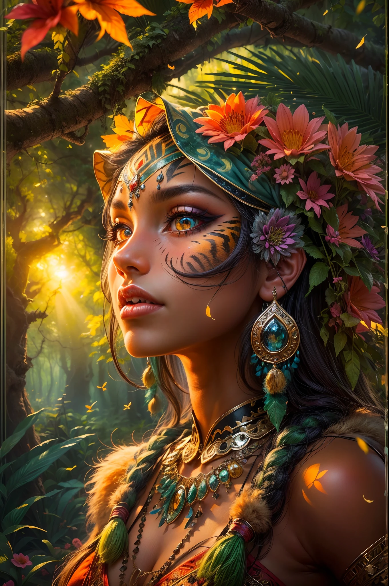 (best quality,highres:1.2),beautiful detailed eyes,beautiful detailed lips,gorgeous face with tribal makeup,turbaned hairstyle,(vibrant-colored,exotic) tribal outfit,adorned with feathers and beads,confident stance,riding on the back of a majestic and powerful tiger with tanned fur and fierce eyes,(magical,glistening) forest with towering trees and lush vegetation,(sunlight peeking through the foliage,illuminating the scene),(butterflies fluttering all around,bathing the scene in vibrant colors),(fireflies dancing in the air,casting a mystical glow),(a myriad of colorful flowers,covering the forest floor),captivating and enchanting atmosphere.