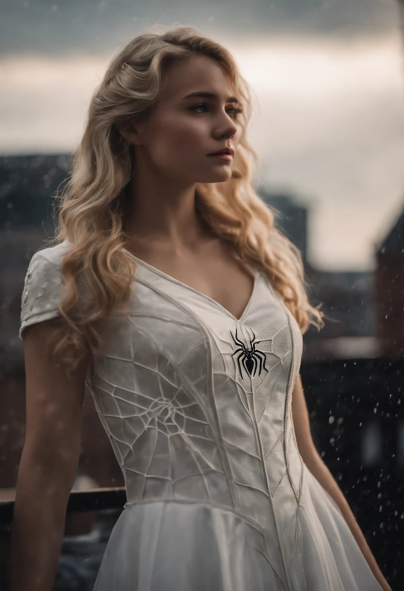 18 Yo girl, White Spider-Man dress, with long coiled hair, Blonde, Beautiful face, rain, Roof, Masterpiece, intricately details, Perfect anatomy, Facial and body details.