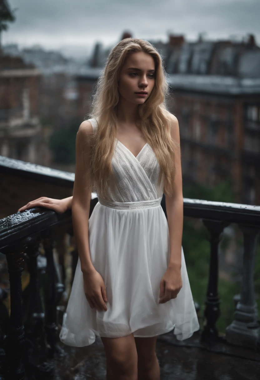 18 Yo girl, White Spider-Man dress, with long coiled hair， Blonde, Beautiful face, rain, Roof, Masterpiece, intricately details, Perfect anatomy, Facial and body details.