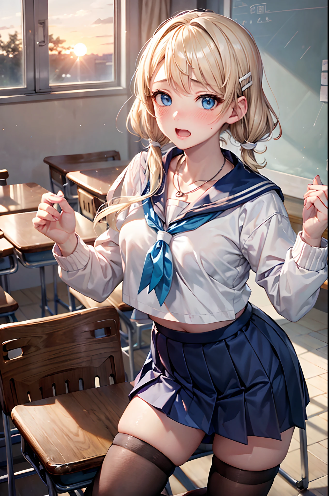 absurderes, ultra-detailliert,bright colour, (White sailor suit:1.4),(blue scarf),pleatedskirt,knee high socks,Accept yourself:1.4),(Surprise and embarrassment:1.4),extremely beautiful detailed anime face and eyes, view straight on, Short hair, , asymmetrical bangs, Blonde hair with short twin tails,Shiny hair, Delicate beautiful face, red blush、(Deep Blue Eyes:1.3), White skin, hair clips, a necklace, Classroom at dusk,You can see the sunset from the window,The light of the setting sun illuminates the classroom,