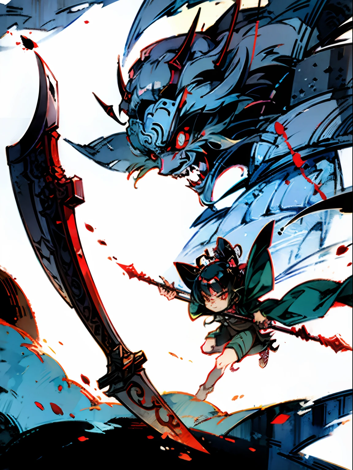 Vicious imps,Ghosts,huge weapon,Wield the axe,Cut at each other,The power is endless,Teeth,Chinese classical,ink and watercolor painting