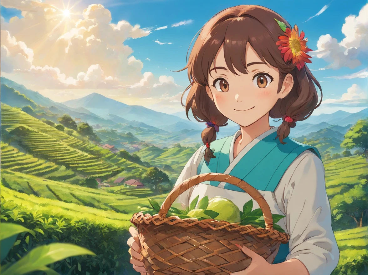 "A girl in ethnic attire, holding a wicker basket, standing on a tea plantation, smiling, with a gentle breeze, sunshine, and white clouds. (best quality, 4k, highres, realistic:1.2), ultra-detailed, HDR, studio lighting, vivid colors, portraits, warm color tones, and soft light."