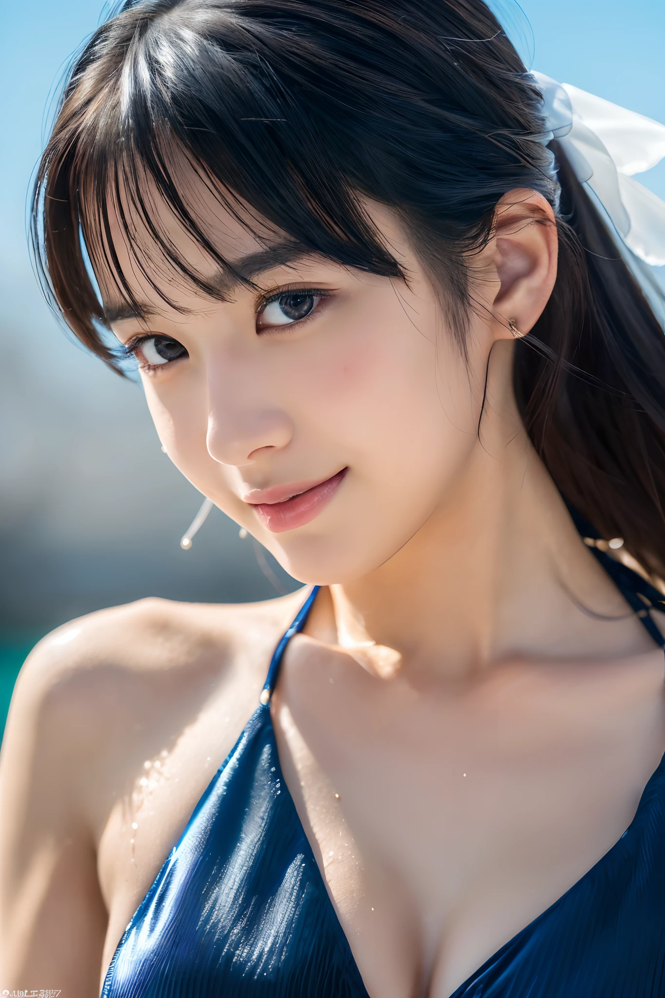 (masutepiece:1.3), (8K, Photorealistic, Raw photo, Best Quality: 1.4), Japanese, (1girl in), Beautiful face, (Realistic face), (Black hair), Beautiful hairstyle, Realistic eyes, Beautiful detailed eyes, (Realistic skin), Beautiful skin, Attractive, 超A high resolution, A hyper-realistic, Highly detailed, Golden ratio,School uniform. (3 Gills:1.5),  (Sony Alpha 1, 50.1 megapixel full-frame CMOS sensor, 8K video recording function), (telephoto lens), (Realistic),(8K, 超A high resolution, Best Quality, masutepiece:1.2),Ultra-detailed,beautifull detailed face, FULL ANATOMY,(Beautiful detailed eyes:1.3),Smile,extremely delicate and beautiful,
Extremely detailed,
nffsw,
Unity,
8K Wallpaper,
amazing,
finely detail,
Ultra-detailed,
High resolution,
Extremely detailed,
extremely detailed eye and face,Wet, ((Luxury Hotels:1.1)),((Colorful micro bikini:1.1)), [Ponytail],(huge-breasted, cleavage:1.3),