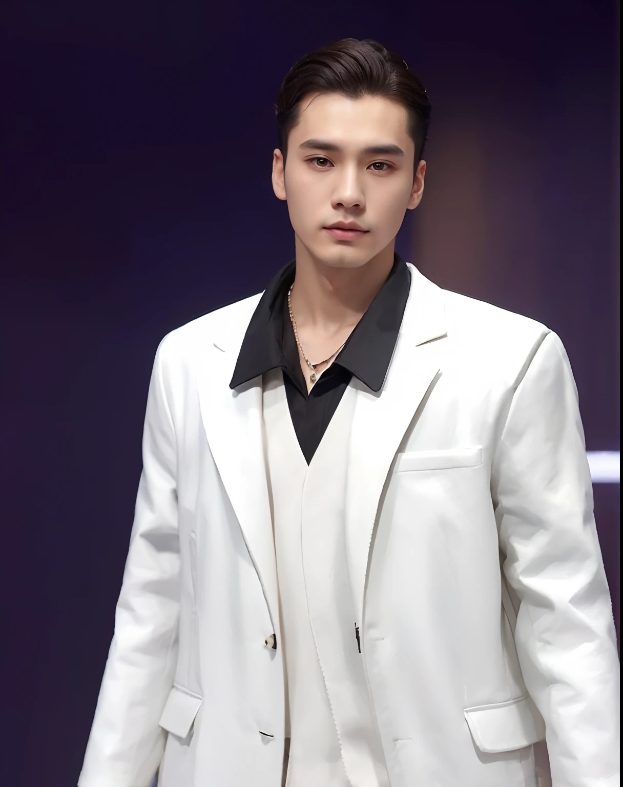 high high quality，A man wearing a necklace and coat stands in front of a white background, Cai Xukun, yanjun cheng, wearing a turtleneck and jacket, he is wearing a white coat , he has short curly brown hair, inspired by jeonseok lee, he has an elongated head shape, xqc, with same hairstyle, Solid Backgroud