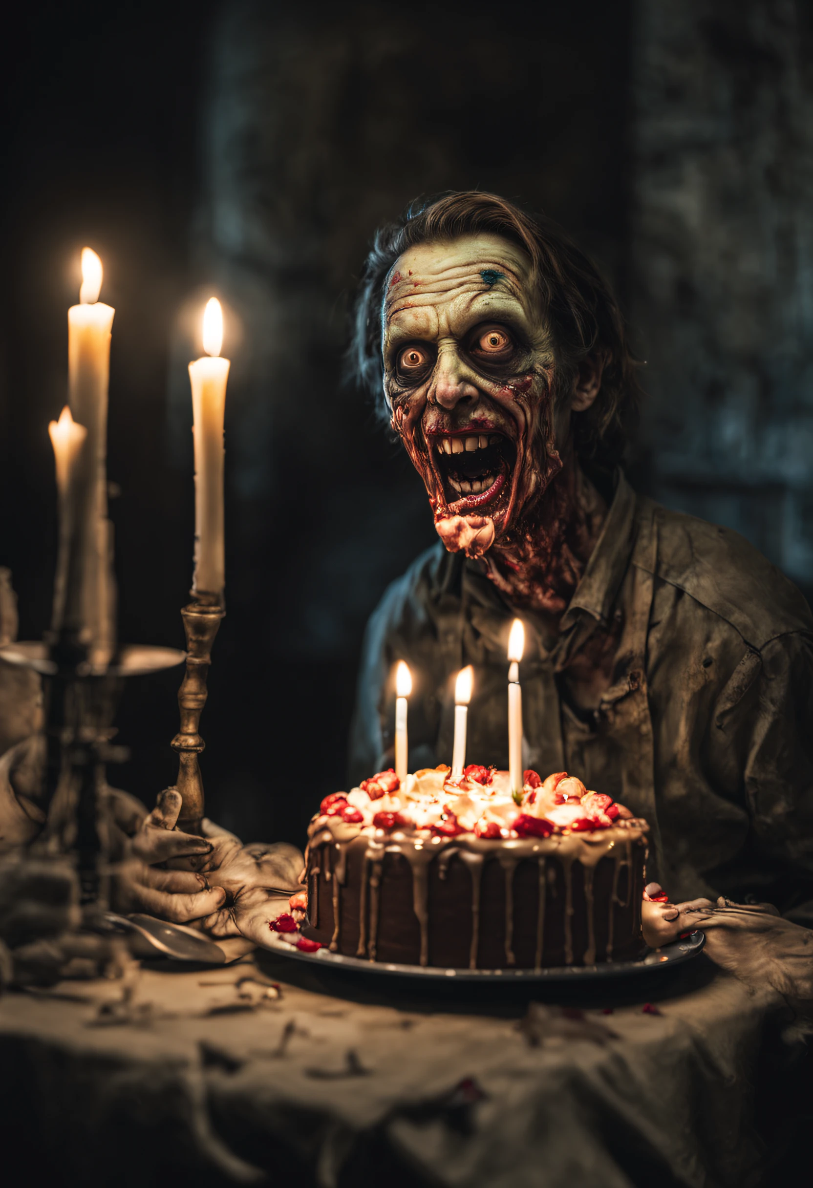 Eine gruselige Zombie Geburtagsparty .Verschiedene Szenen.ein zombie pustet Die Kerzen einer ekligen Geburttagstorte  aus.Geschenke und Party asscessoirs sind alt dreckig und verottet,A zombie laughs wickedly at the camera,sehr detailliert,fotorealistisch,In einem heruntergekommenden Haus,creepy atmosphere,inspiriert von Guillermo del Toro,filmisch