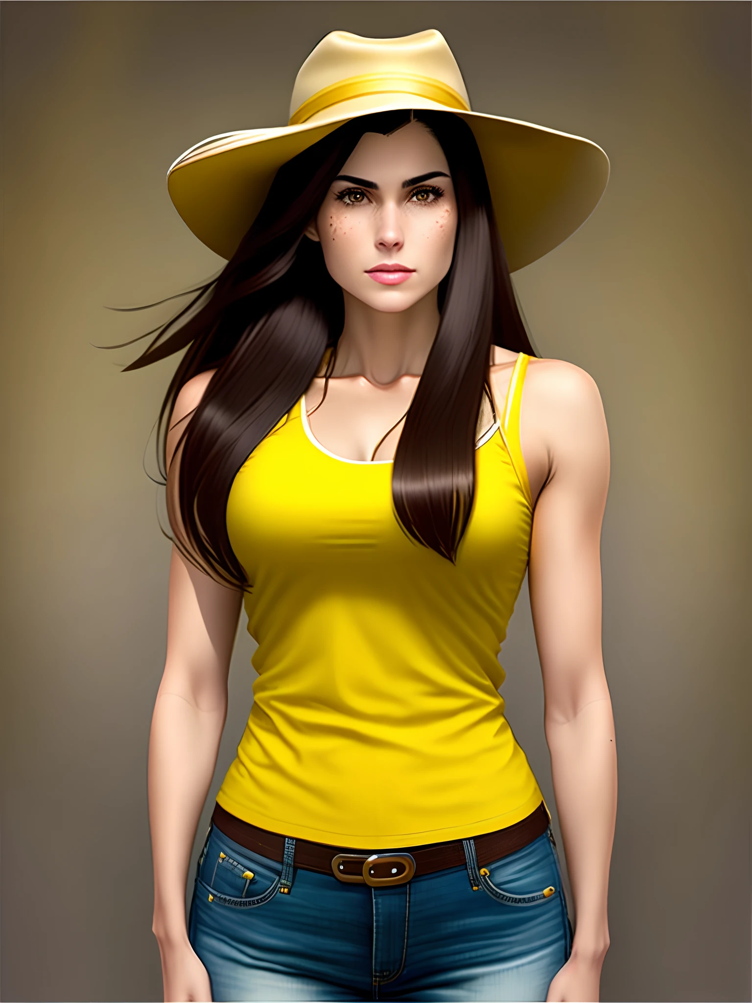 white woman with very long lawyer dark brown hair with streaks of blonde in wolf-cut hairtstyle with yellow downturned eyes, with brown lip gloss and slight dark circles under eyes wearing a firm fitting tank top that is cropped, and bootcut low rise jeans, and also wearing a trapper hat and boots full body marvel artstyle