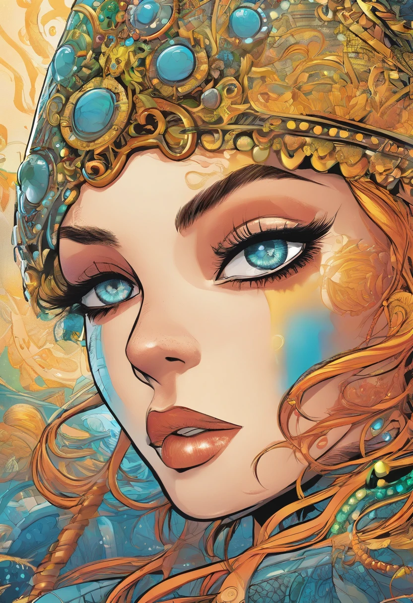Rainha Xyra, uma alien. It has a high-tech appearance, com uma pele prateada e reluzente. His eyes are big and luminous, emitindo uma luz azul intensa. Xyra usa um traje real exuberante, Filled with intricate details and technological embellishments.