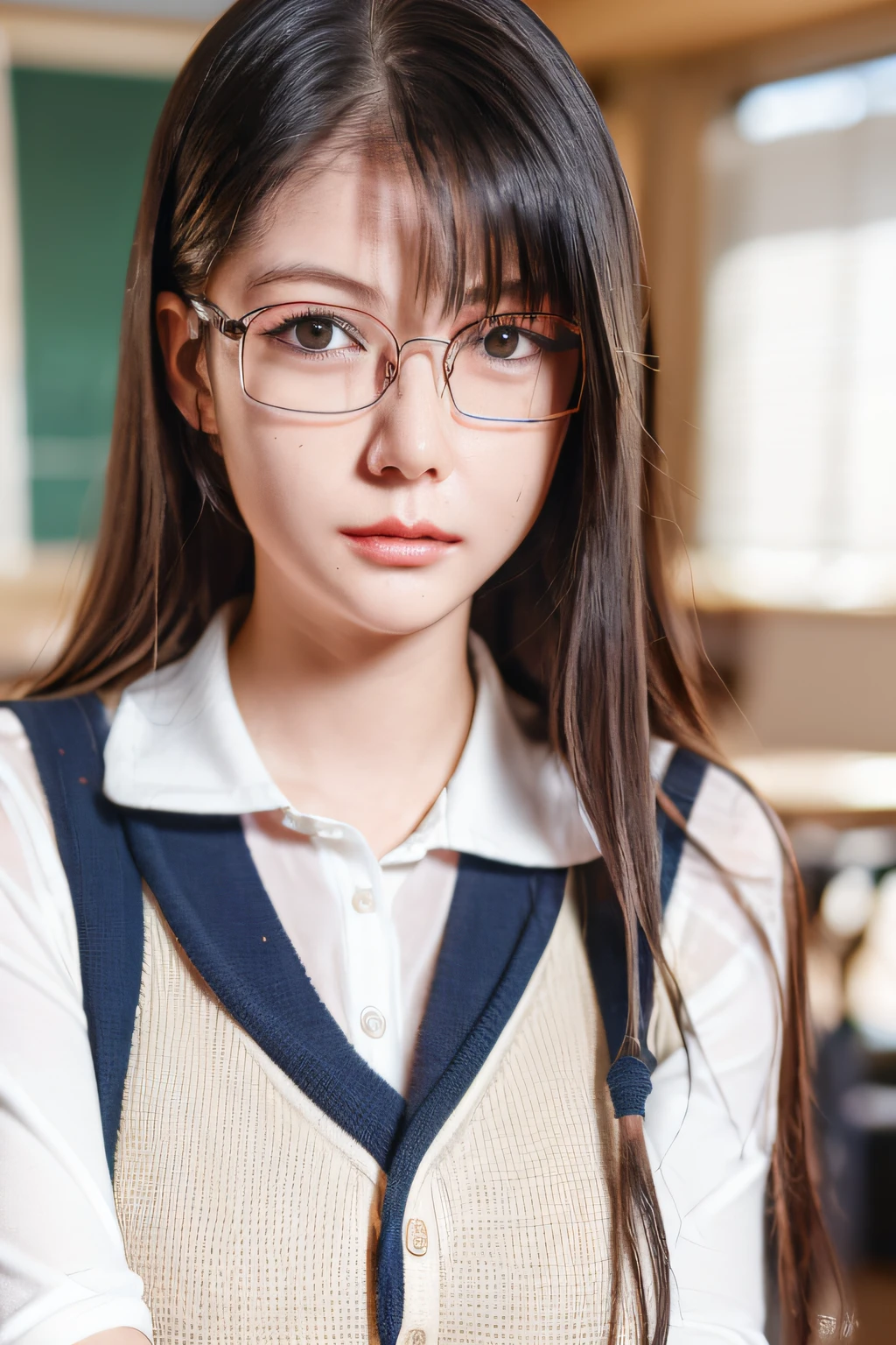 Ulchan-6500-v1.1, (RAW photo:1.2), (realistic:1.4), beautiful detailed girl, very detailed eyes and face, beautiful and fine eyes, That's ridiculous, incredibly That's ridiculous, huge file size, Super detailed, High resolution, very detailed, highest quality, masterpiece, Kemomimi, ((Japanese girls' high school uniform)), figure, very detailed, cg, unified, 8k wallpaper, wonderful, small details, masterpiece, highest quality, very detailed cg uniform 8k wallpaper, face light, cinematic lighting, 1 girl, , (no panties)), (with glasses), ((dynamic pose))), (camel toe), (half),, (bent knees and sitting legs))