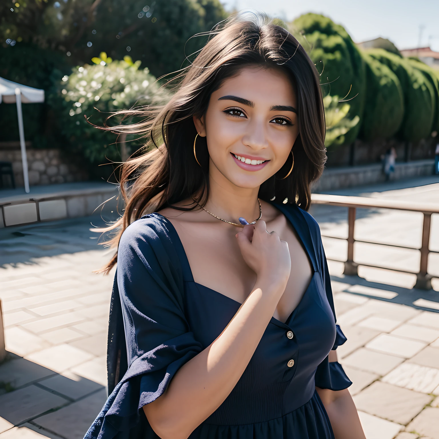 A beautiful smiling Canarian girl in an indigo dress, Instagram Influencer, Caliente en CANON R5, muelle 85 mm, photo session, profundidad de campo, Incredibly detailed intricate, Hiper maximalista, elegante, hiperrealista, Super detailed, dynamic pose, centrado, Cinematographer, luz natural, dynamic, Altamente detallado, foco nítido