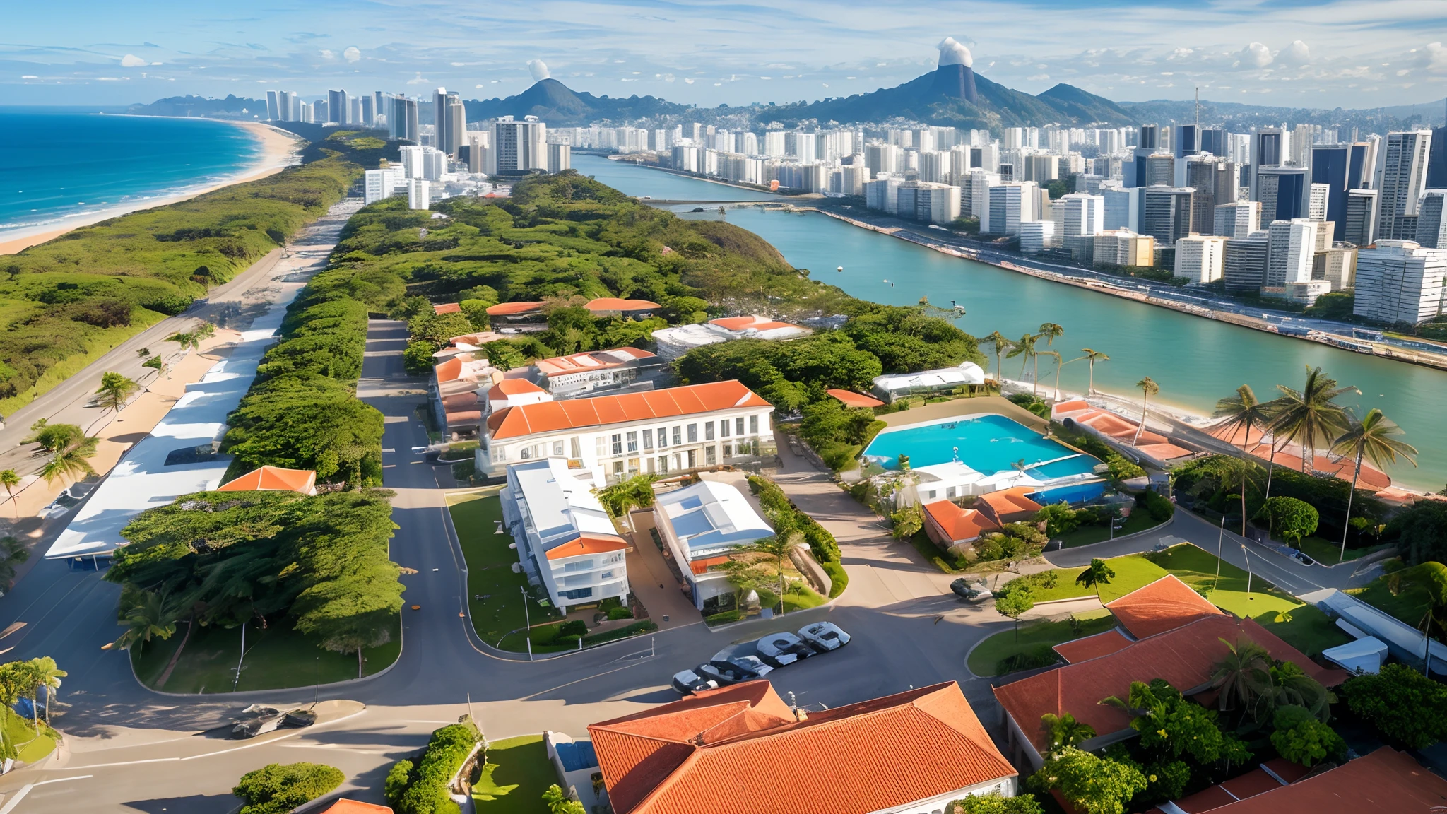 (Masterpiece), (top quality), best quality, ultra realistic, 8k, RAW photo, arafly view of a beach with a city in the background, Le Long, by Felipe Seade, rio de janeiro, by Fernando Gerassi, by Luis Miranda, brazil, tropical coastal city, by Ceferí Olivé, sao paulo, overhead shot, by Willian Murai, beautiful image, oscar niêmyer, tall buildings, city futrue, view building in middle of photo,