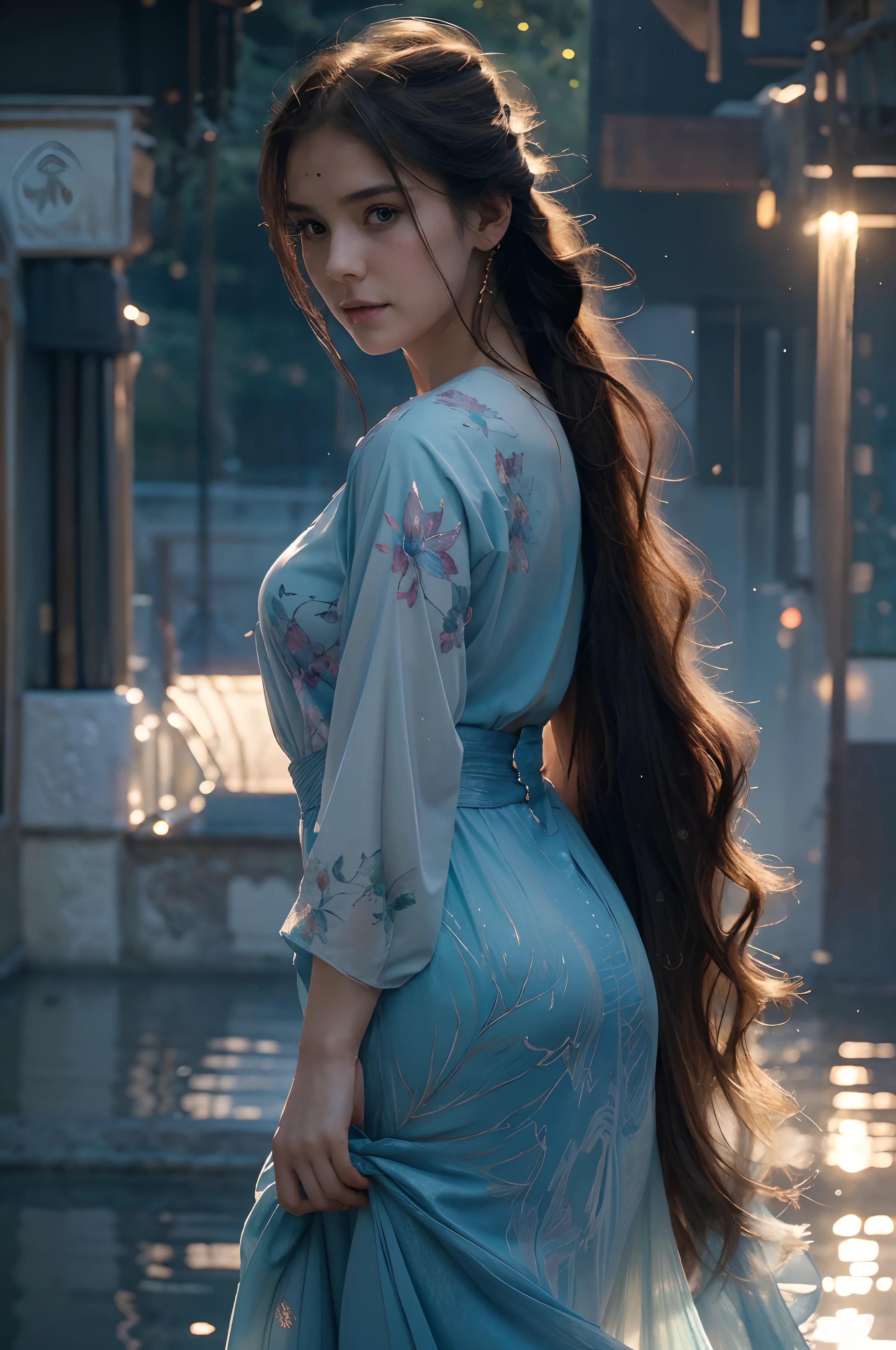 highly detailed, 8K Ultra HD, high quality, A breathtaking watercolor landscape of a model gazing at the sunset, with a small smile on her face, She's wearing a long-sleeved pale blue dress, and her long hair is styled in a loose, natural way, The anime art style gives her an innocent and charming appearance, and her perfect anatomy is evident even in this peaceful pose. The wet-to-wet background technique used by Misulbu creates a beautiful and detailed painting with muted colors, which blends seamlessly with the sunset sky, This stunning 8k resolution concept art portrait was created by the talented artists Greg Rutkowski, Artgerm, WLOP, and Alphonse Beeple, The watercolor style used gives the image a dreamlike quality, as if it's a moment frozen in time, by yukisakura, awesome full color,