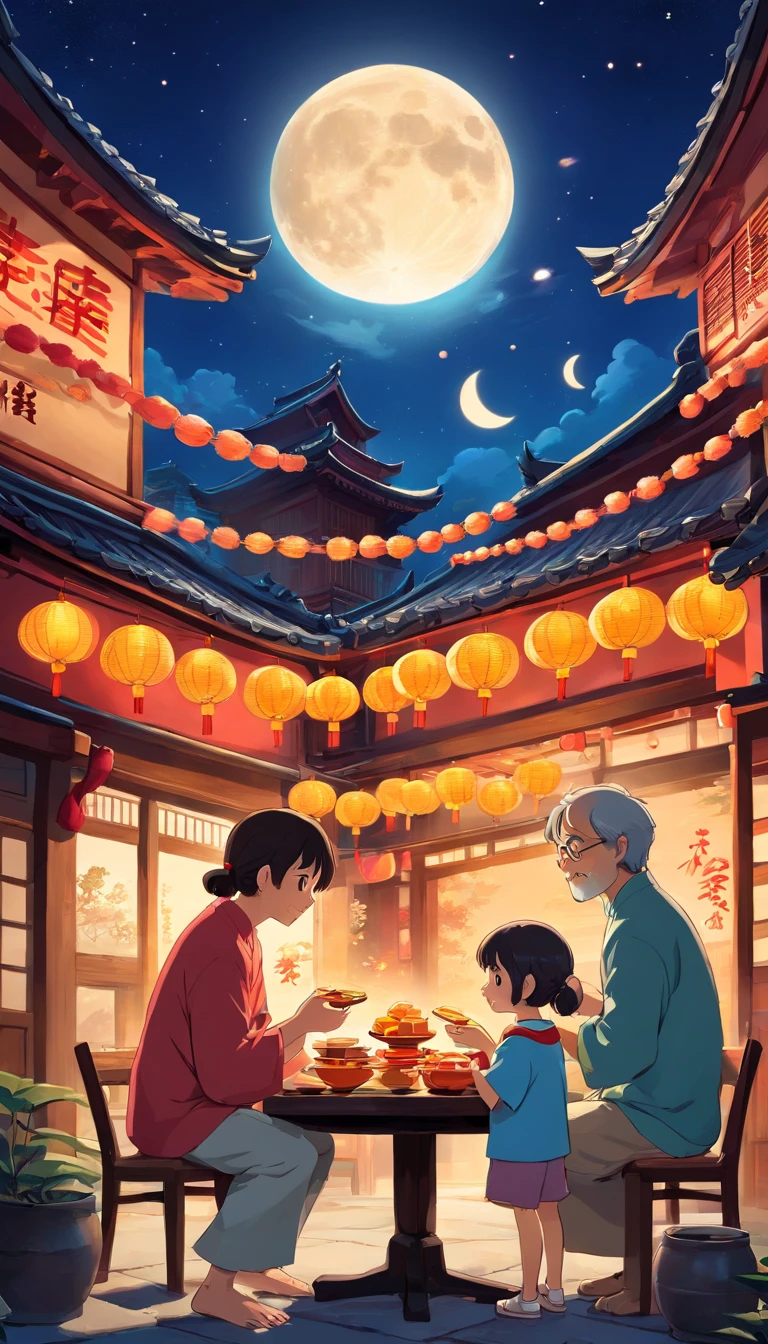 A family eats mooncakes，Men honor their parents with gifts in their hands, Happy family, There are mooncakes on the table,Gift in hand， tea drinking and paper lanterns, Another bright moon in the sky，warm and joyful atmosphere, Digital illustration, Poster illustration, ???, , digital illustrations , Chinese style painting, , exciting illustration,