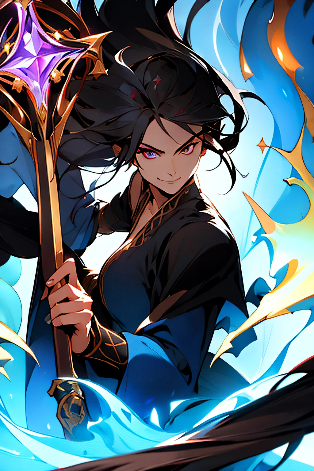 1woman .colorful eyes, flowing black hair, in flowing robes, middle-aged woman, black eyes, slight smile, flowing magic, magic, dnd, holding a staff, fantasy looking at viewer,extremely detailed CG unity 8k wallpaper, dynamic pose, cinematic lighting