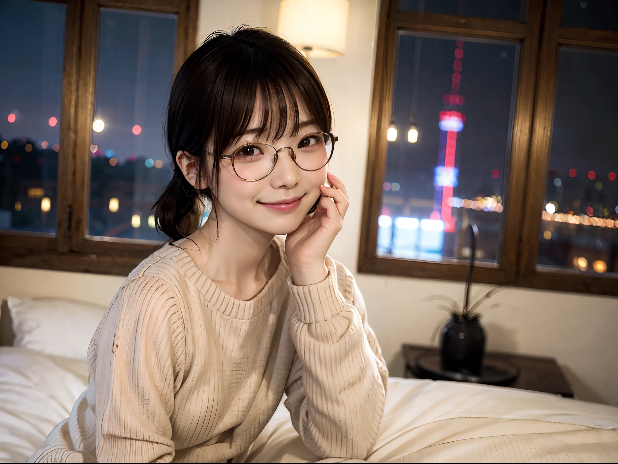 Japan girl in casual clothes in hotel room at night、looking at the viewers、(top-quality、masterpiece)))、hight resolution、ighly detailed、masterpiece、电影灯光、(8K、top-quality、masterpiece:1.2)、(realisitic、Photorealsitic:1.37) Hi-Res、The ultra-detailliert、Woman with glasses、Thin frame round glasses、Light colored glasses frames、asian human, cute little, cute face, 独奏, Short hair 1.2, Textured skin, beautiful smiling face, Beautiful detailed night sky, Detailed night view, 电影灯光, depth of fields, Lens flare light、Sitting in bed、Dating、(blush nose)、(A smile:1.15)、(Mouth closed)tiny chest、beautiful finely detailed eyes、(Sweaters:1.1)、natta、(shorth hair:1.2)、Floating hair Nova frog style、