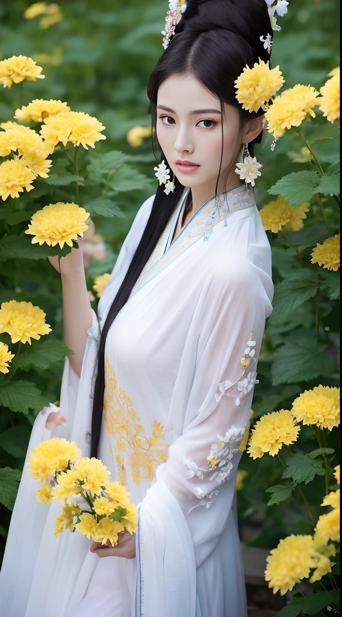 Fashion model 18 years old [[[[closeup cleavage]]]], [[[[boobgasm]]]], [[[[coll]]]], [[[[bshoulders]]]], perfect  eyes, Perfect iris，Perfect lips，perfect teeth，Perfect skin，with fair skin，hdr，Movie girl，White ancient Chinese clothing，A delicate face，voluptuous figure，Long legs，fully body photo，exteriors，((Behind him are patches of yellow chrysanthemums)),4K Ultra HD, 超高分辨率, (Photorealistic: 1.4), Best quality，Masterpiece，Utra dilution，（pastel colour：1.2）